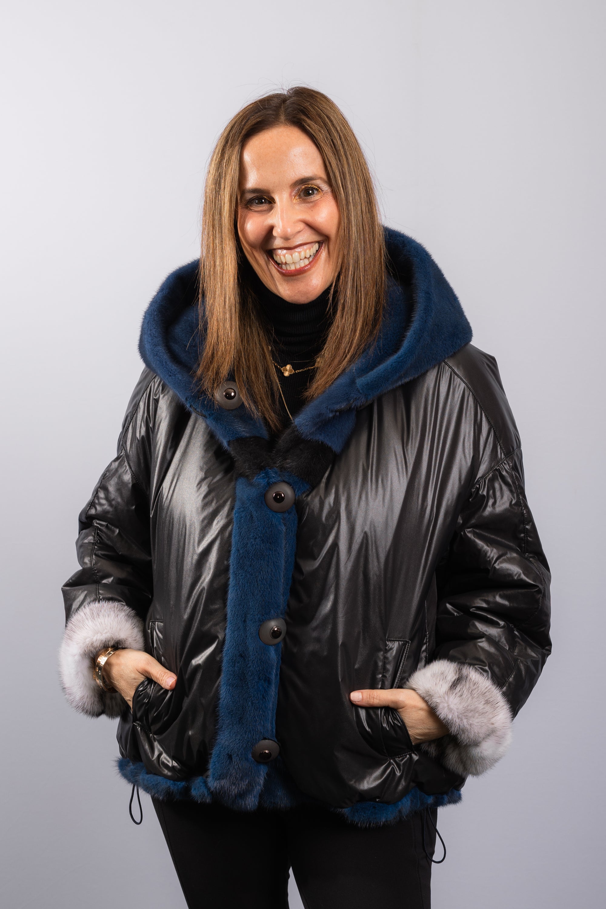 Denim/Black/Black Cross Mink Jacket