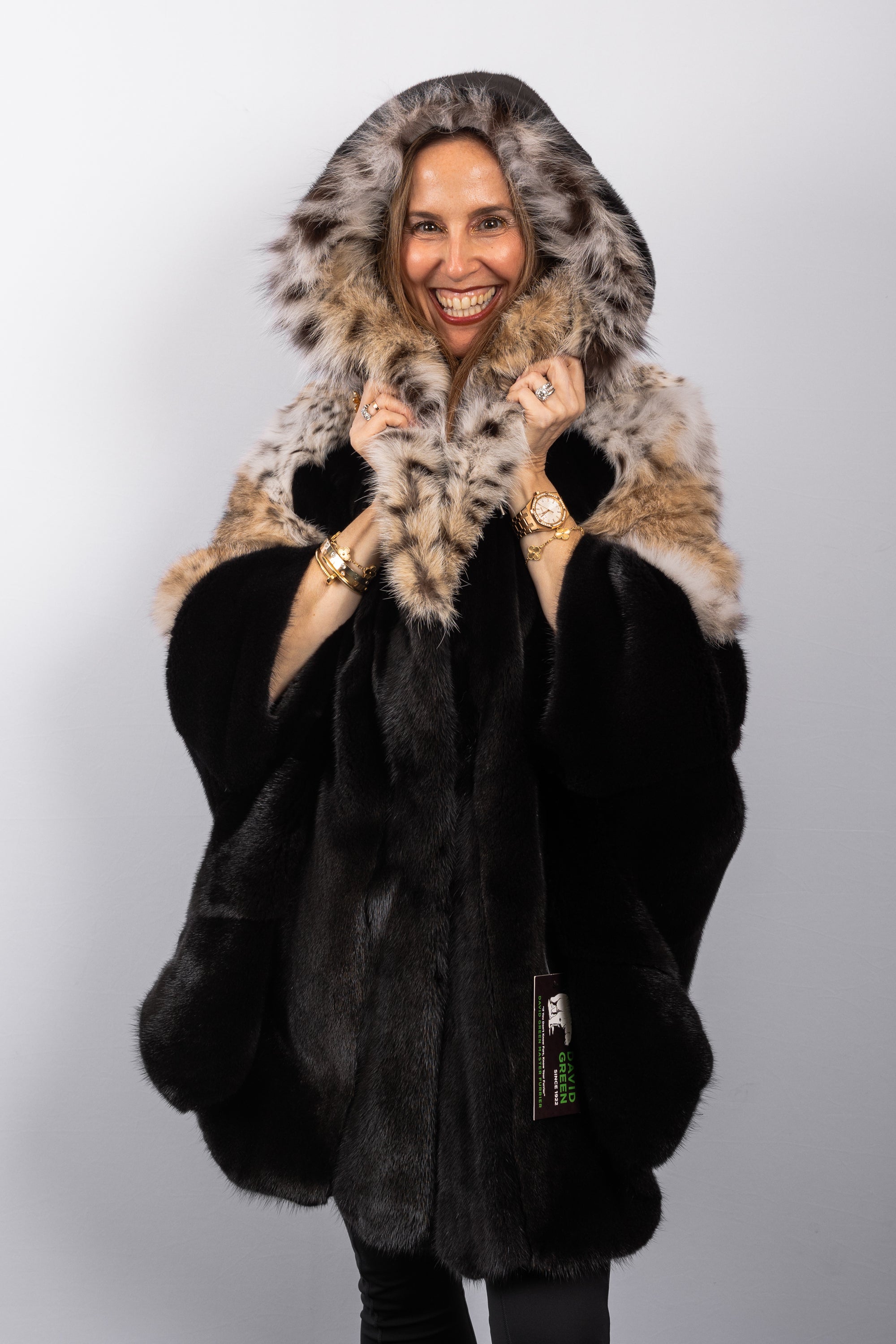 Natural Lynx Cat/Black Mink Poncho