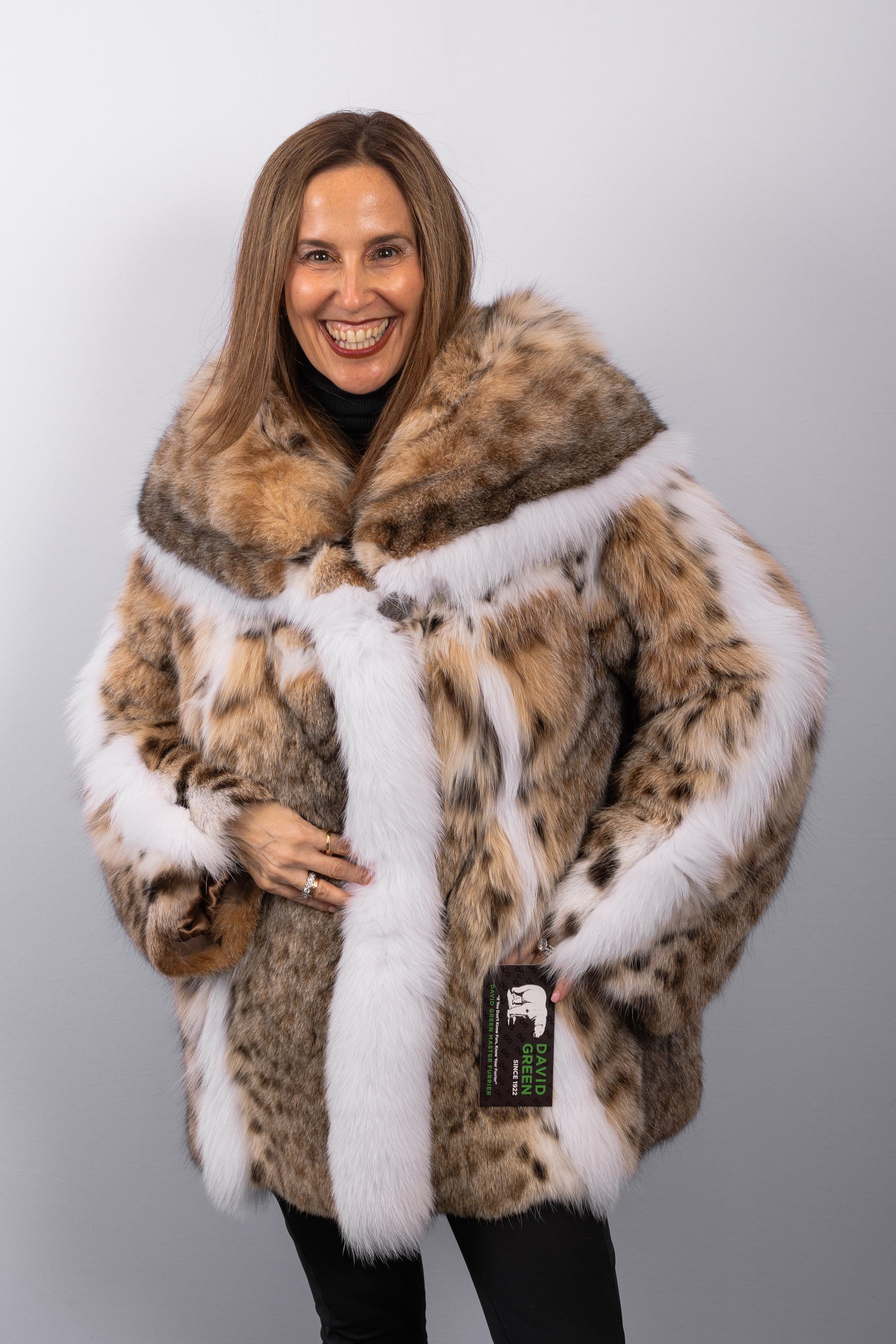 Natural Lynx Cat/White Fox Jacket w/ Large Shawl Hood