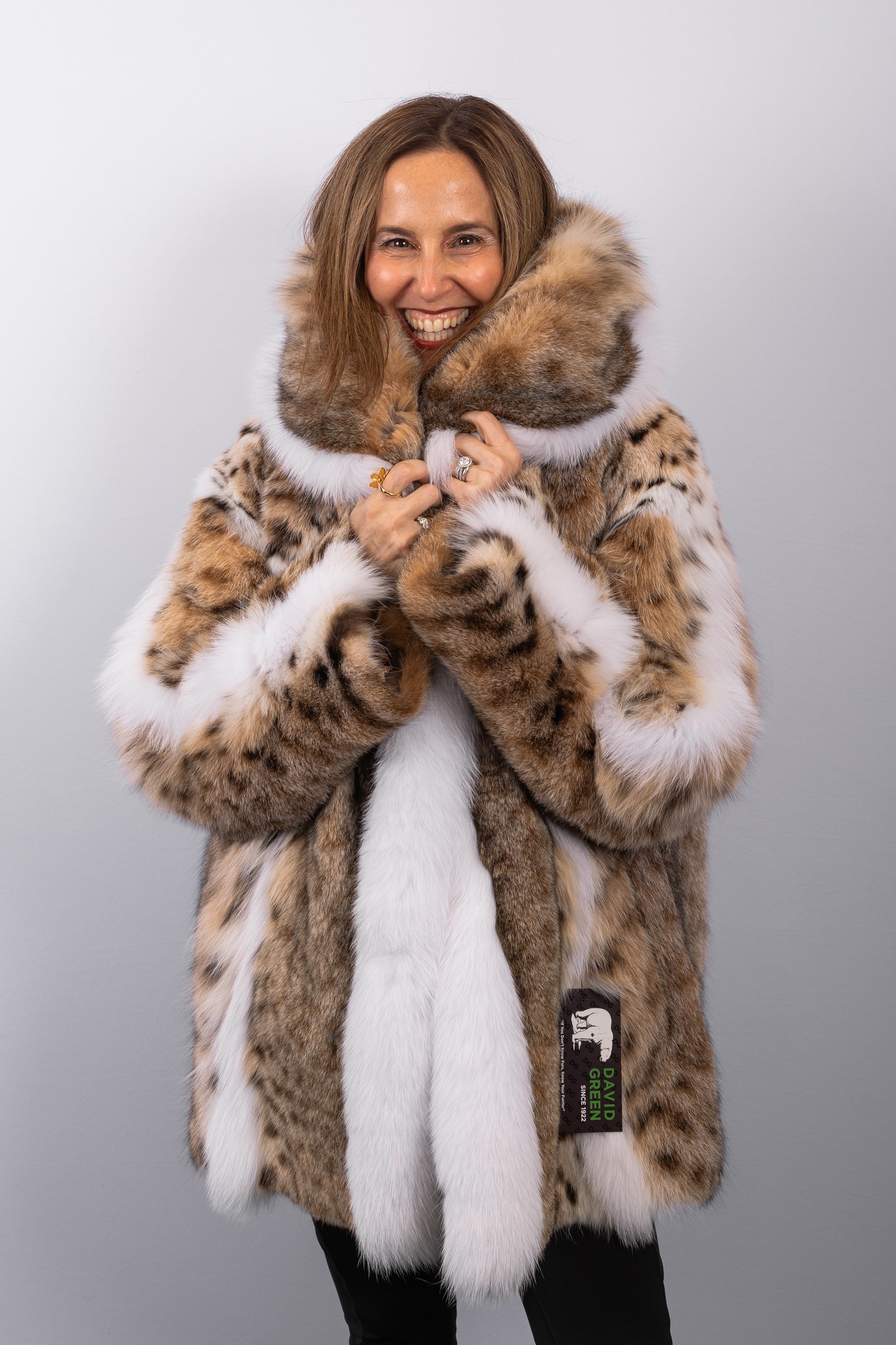 Natural Lynx Cat/White Fox Jacket w/ Large Shawl Hood