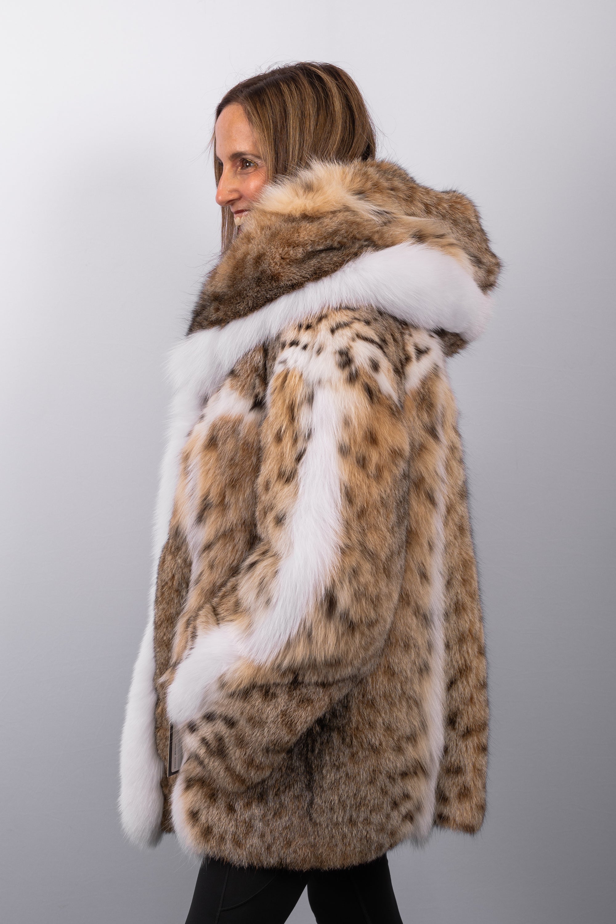 Natural Lynx Cat/White Fox Jacket w/ Large Shawl Hood
