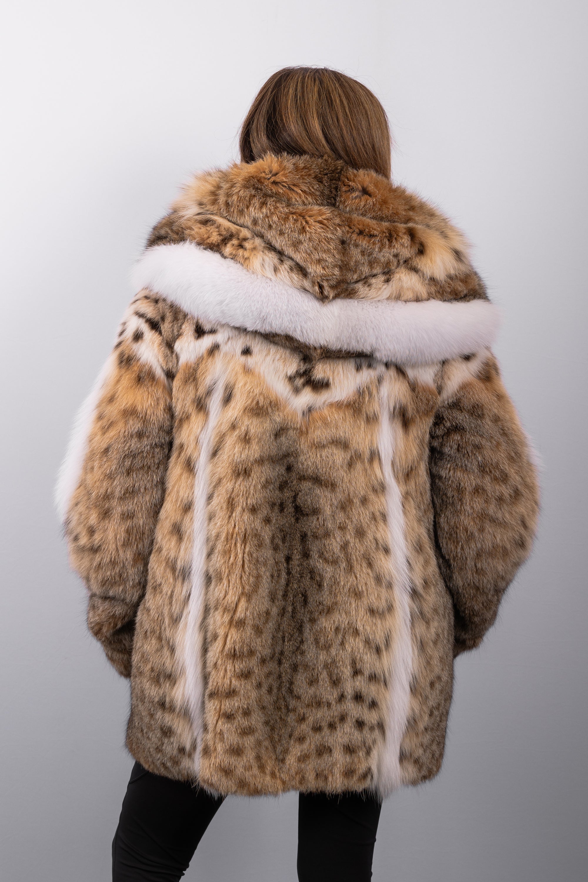Natural Lynx Cat/White Fox Jacket w/ Large Shawl Hood