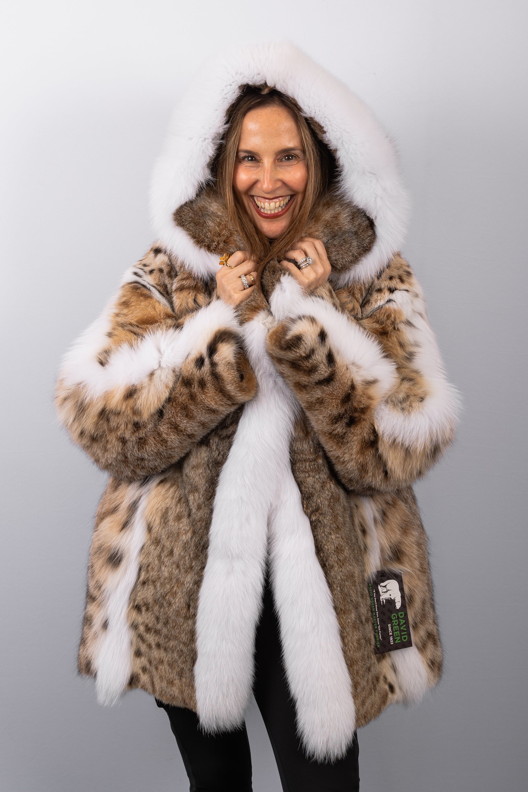 Natural Lynx Cat/White Fox Jacket w/ Large Shawl Hood