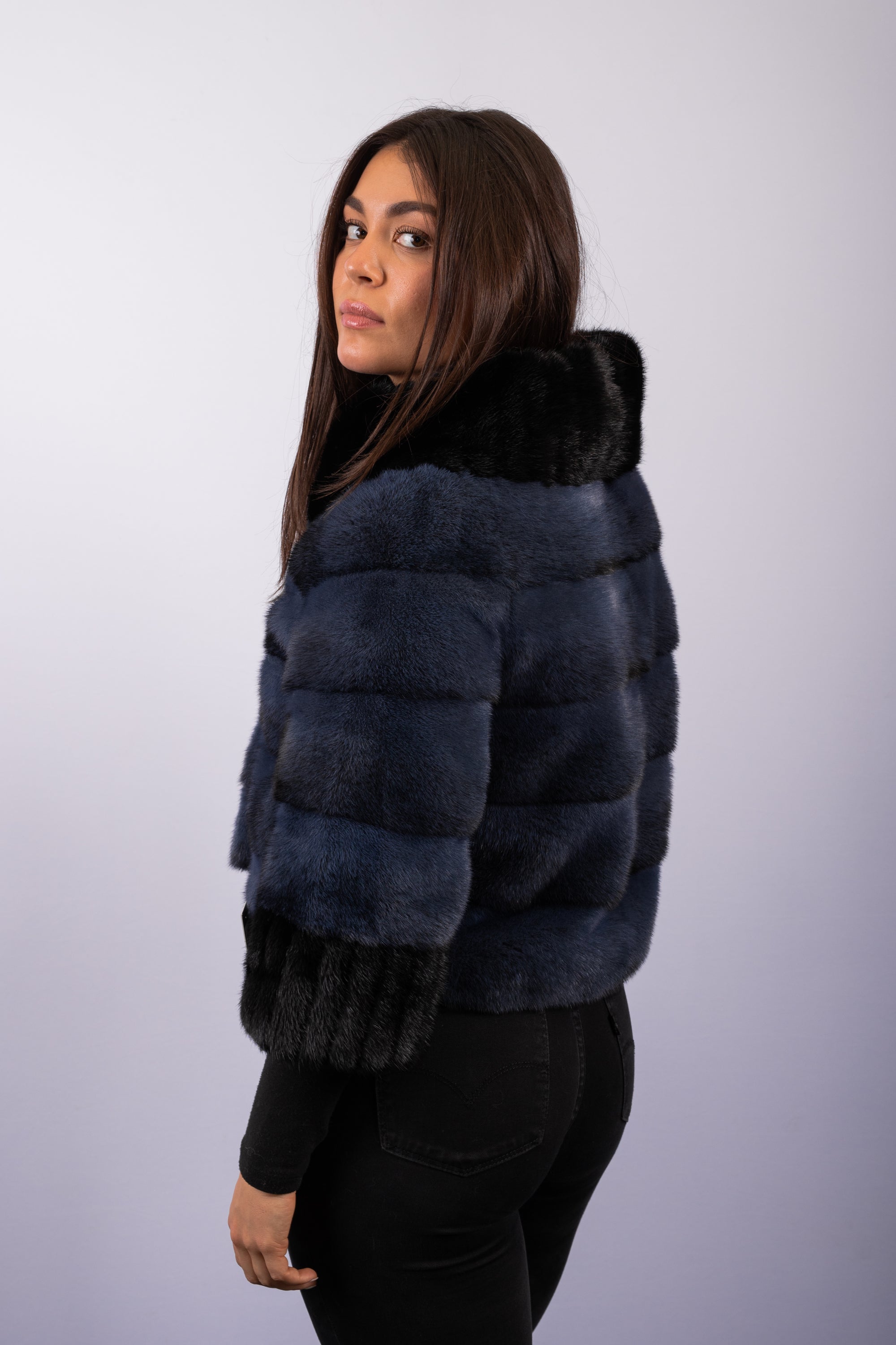 Denim Cross/Black Mink Jacket - 3/4 Sleeves