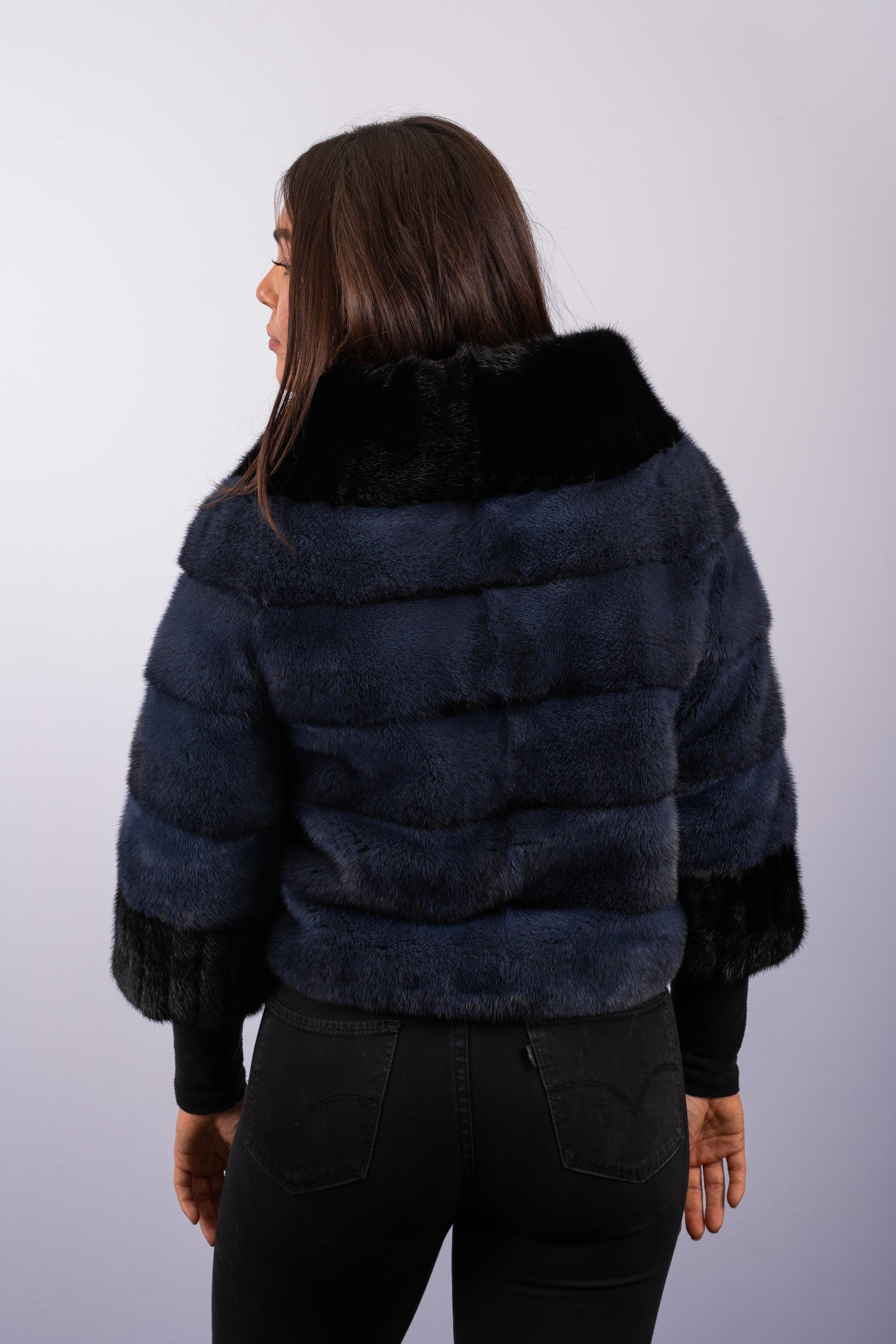 Denim Cross/Black Mink Jacket - 3/4 Sleeves