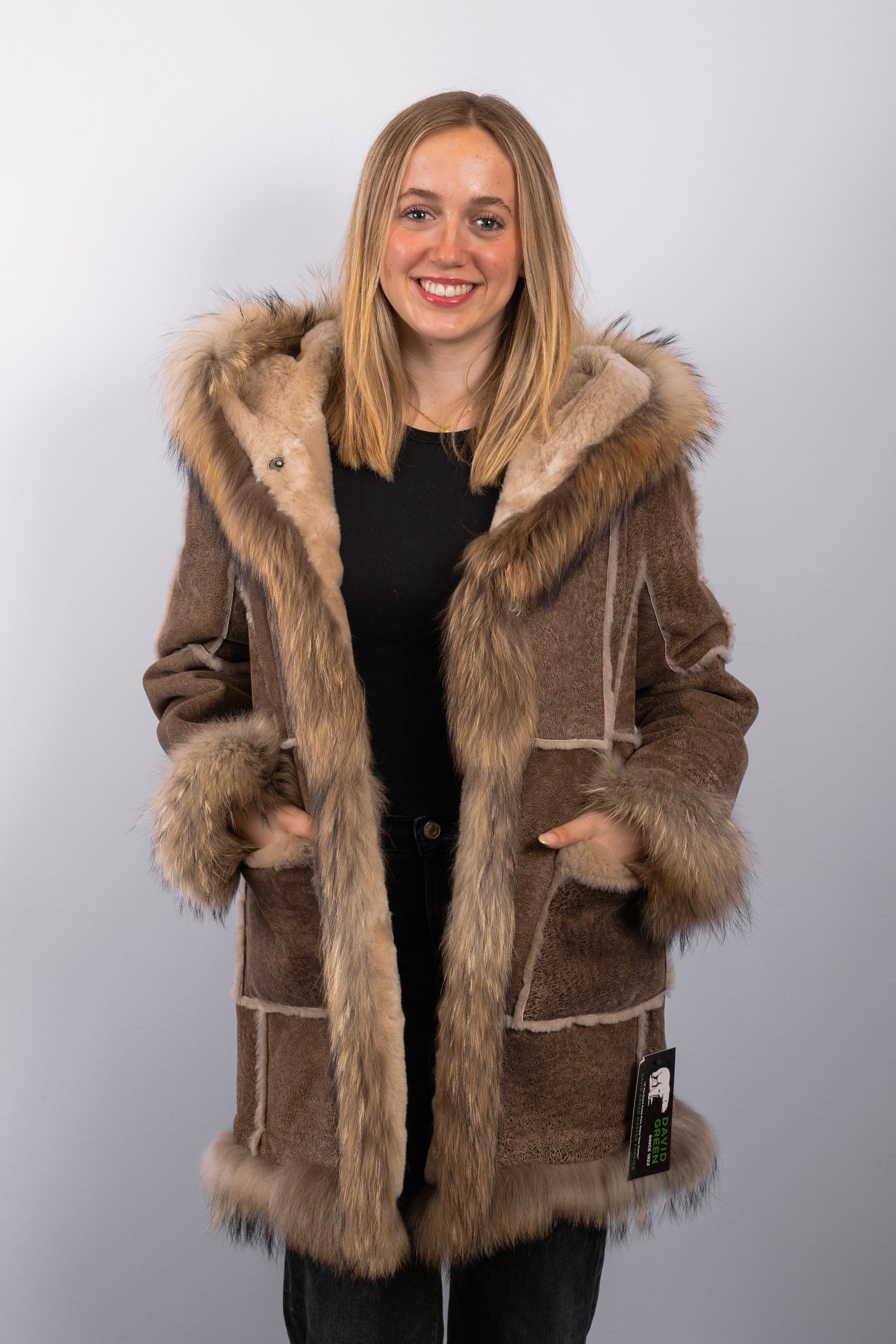Cappuccino Shearling Lamb Jacket with Natural Asiatic Raccoon Fur Trim