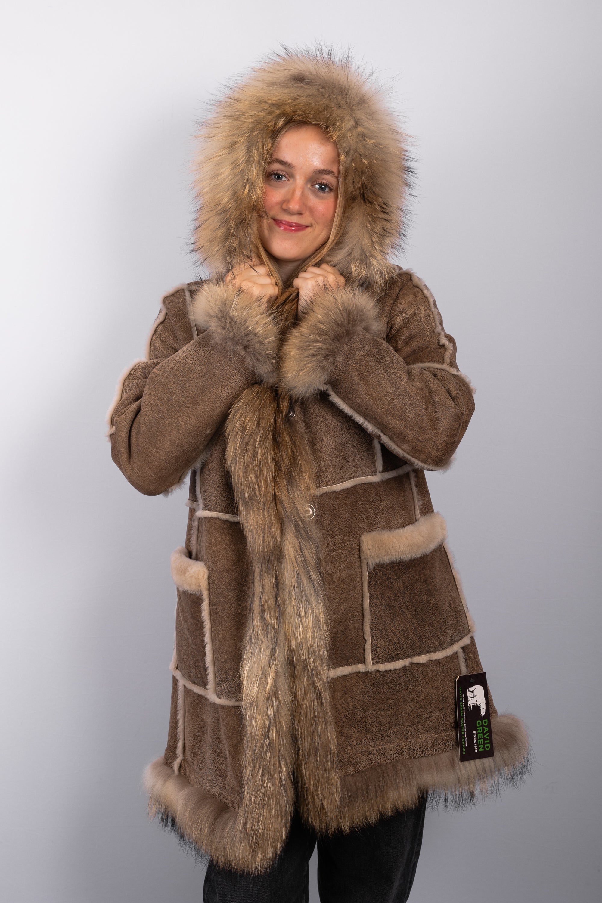 Cappuccino Shearling Lamb Jacket with Natural Asiatic Raccoon Fur Trim