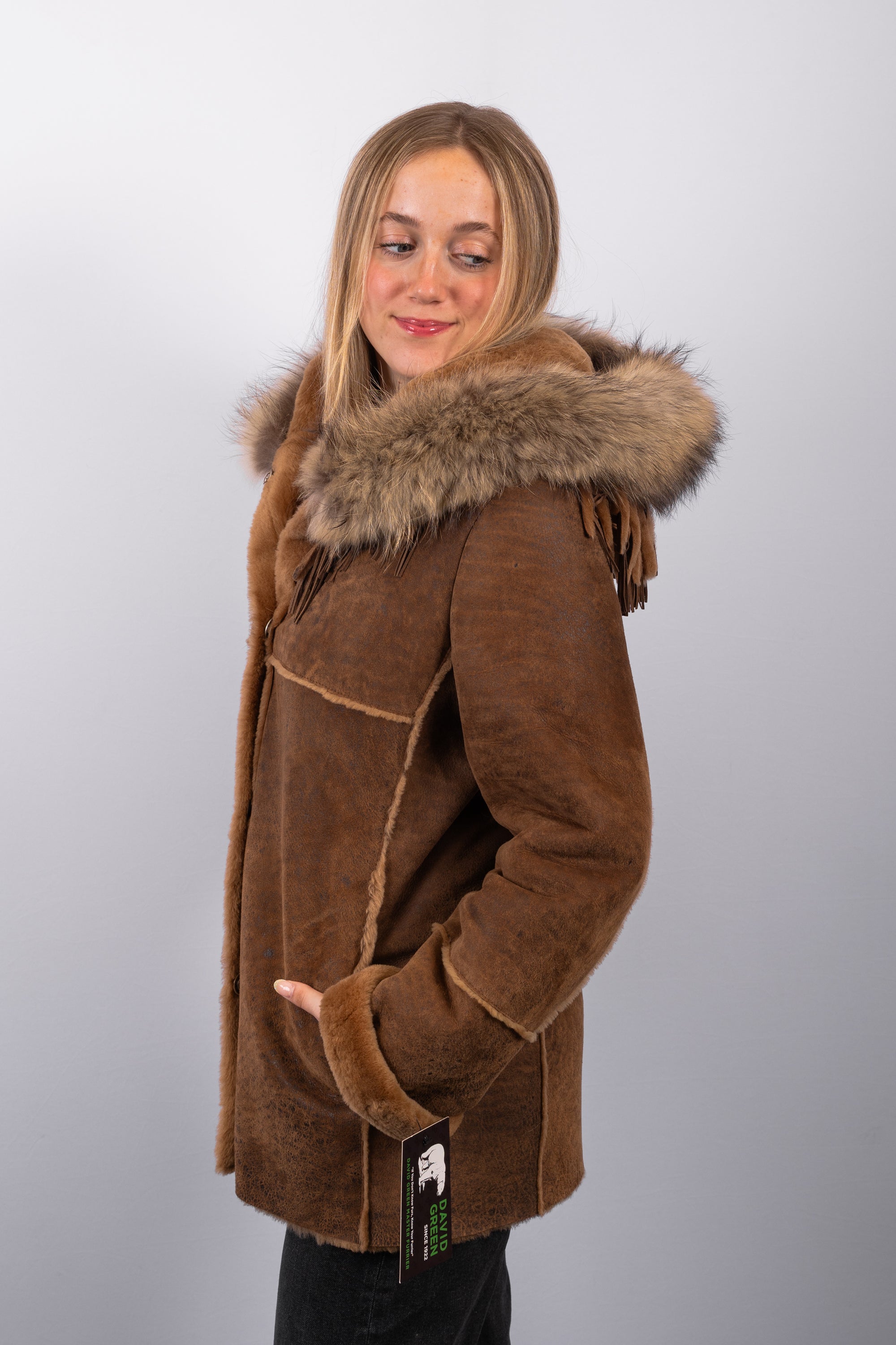 Distressed Whiskey Shearling Lamb Jacket with Natural Asiatic Raccoon Fur Trim