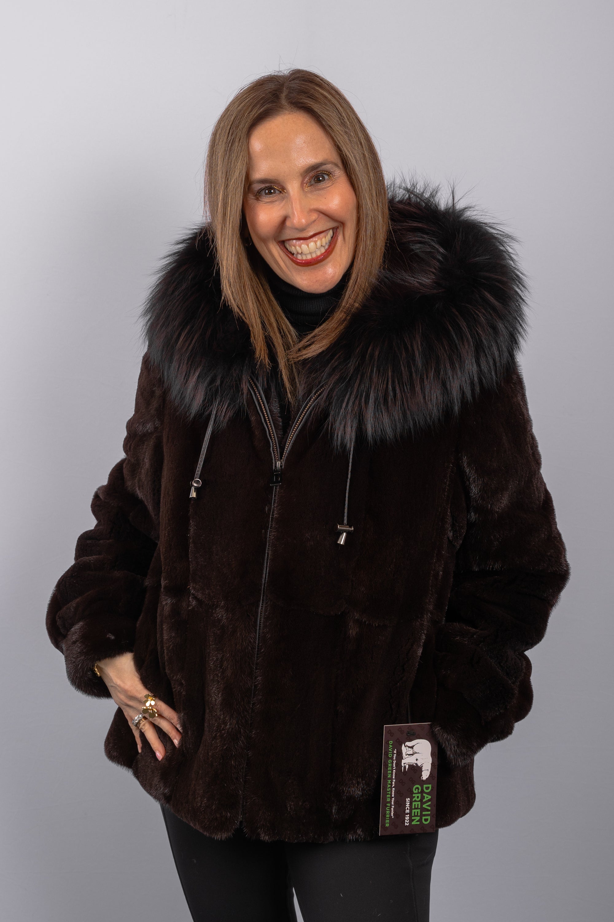 Mahogany Semi Sheared Mink Jacket with Mahogany Fox Fur Trim