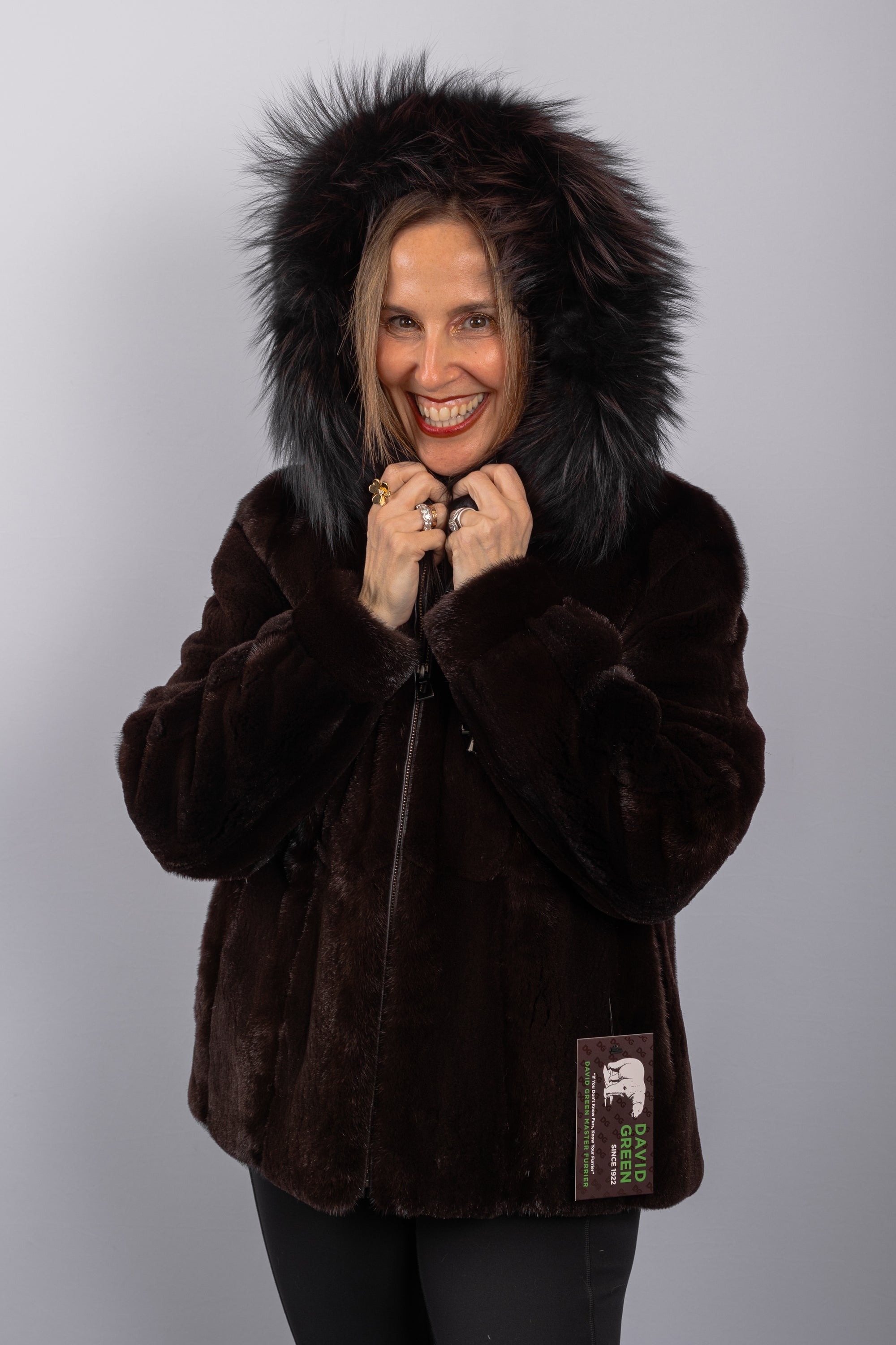 Mahogany Semi Sheared Mink Jacket with Mahogany Fox Fur Trim