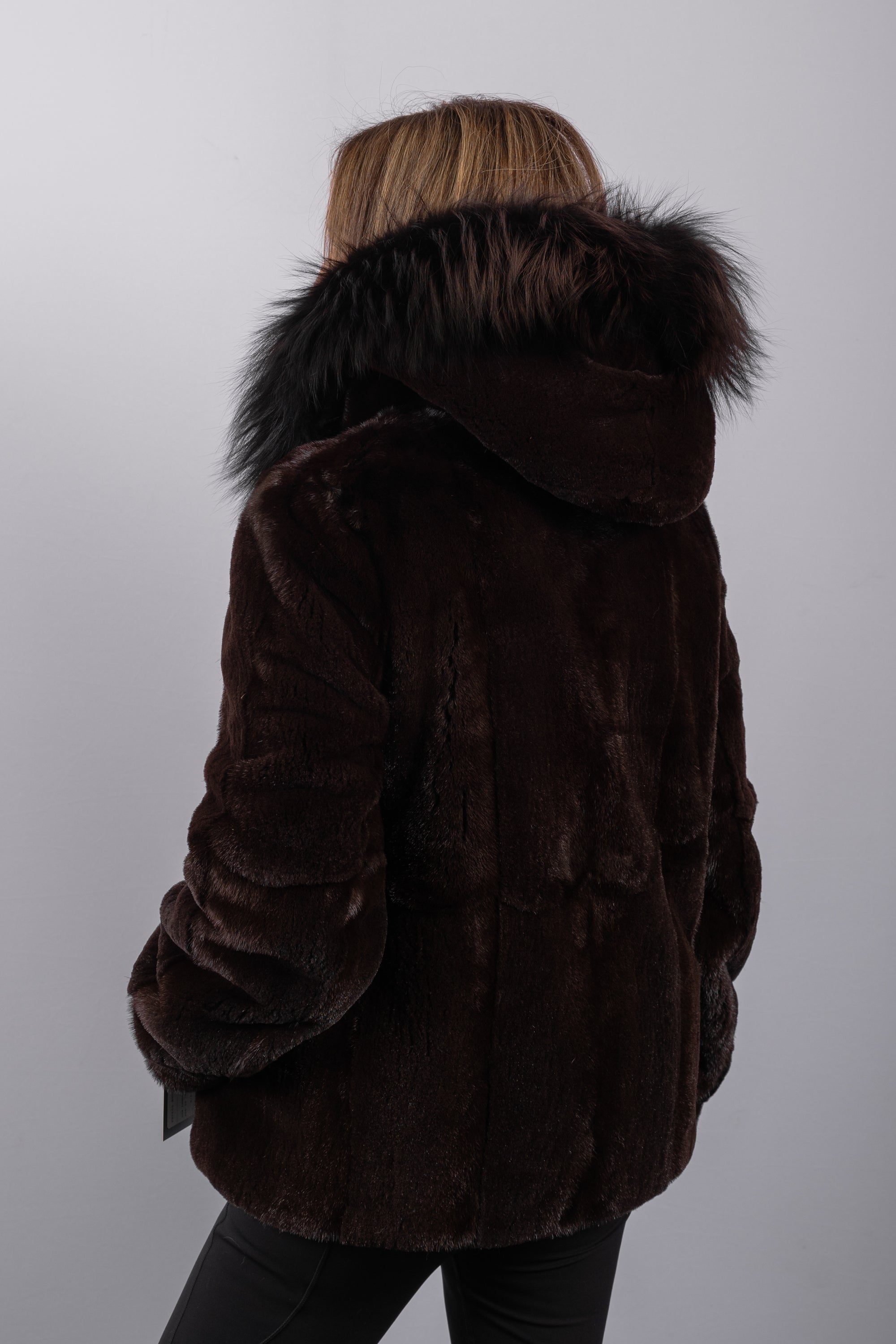 Mahogany Semi Sheared Mink Jacket with Mahogany Fox Fur Trim