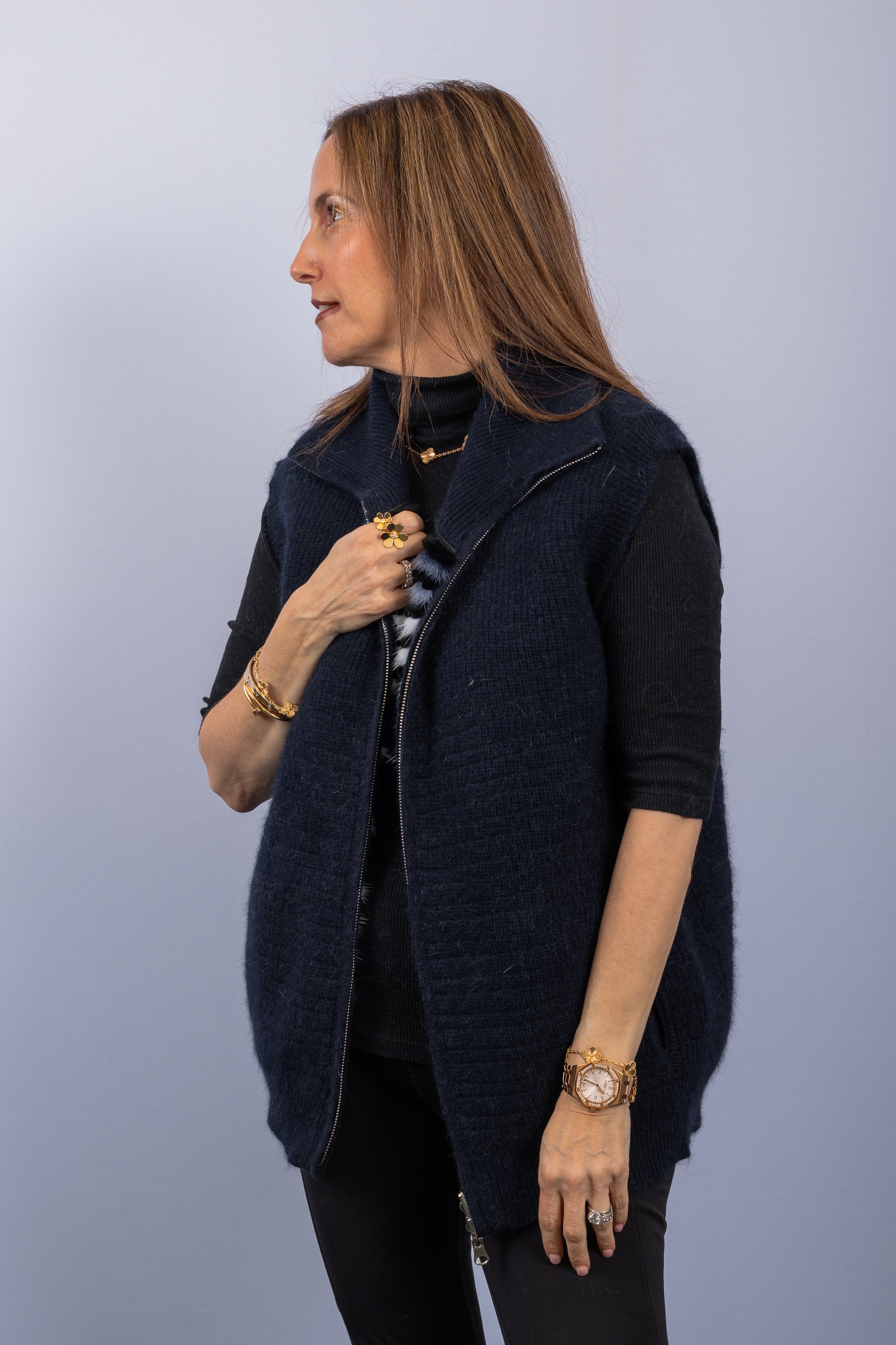Navy Multi/White Mink/Rabbit/Cashmere Vest