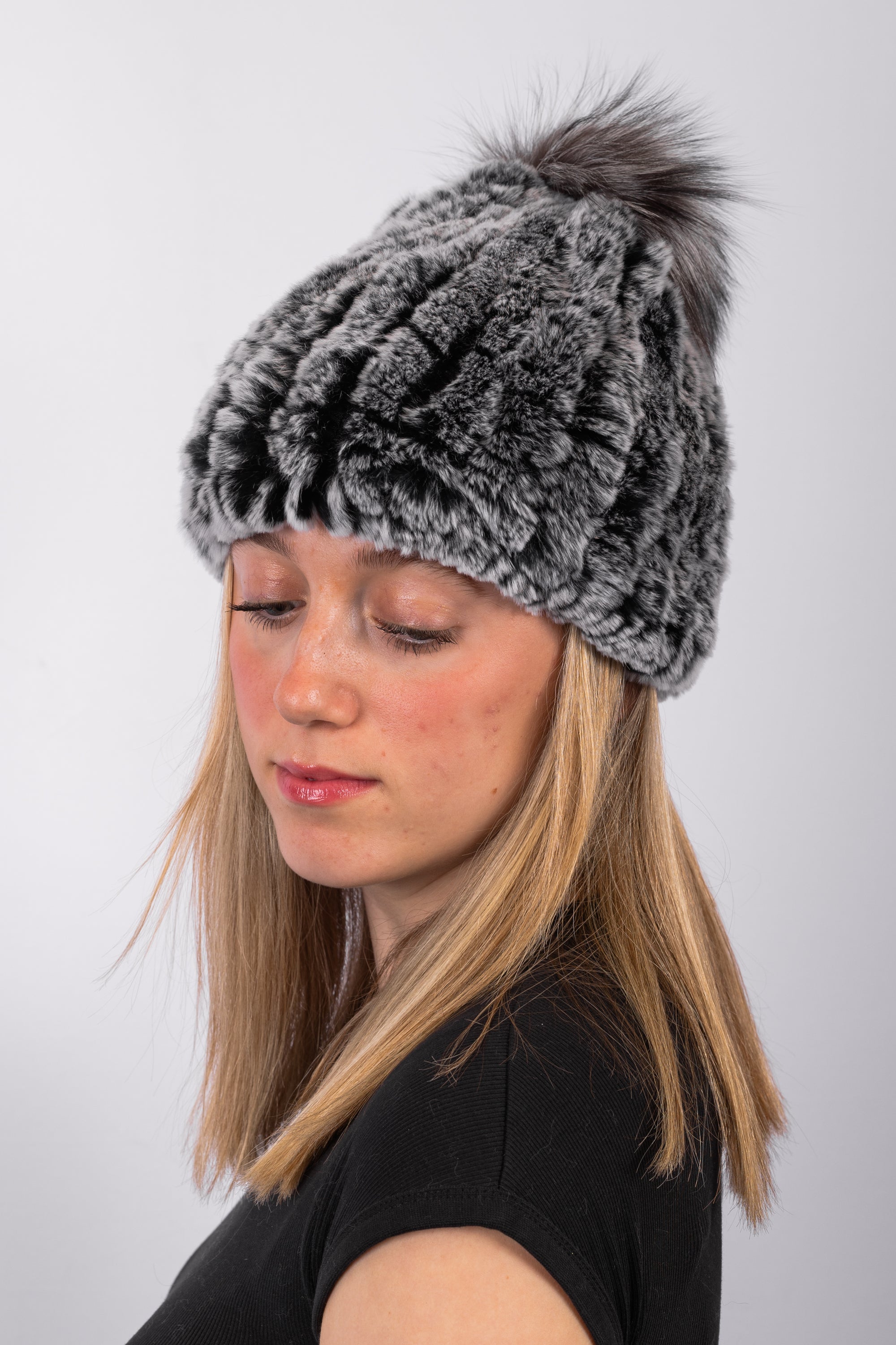 Black Snowtop Rex Rabbit Hat with Natural Silver Fox