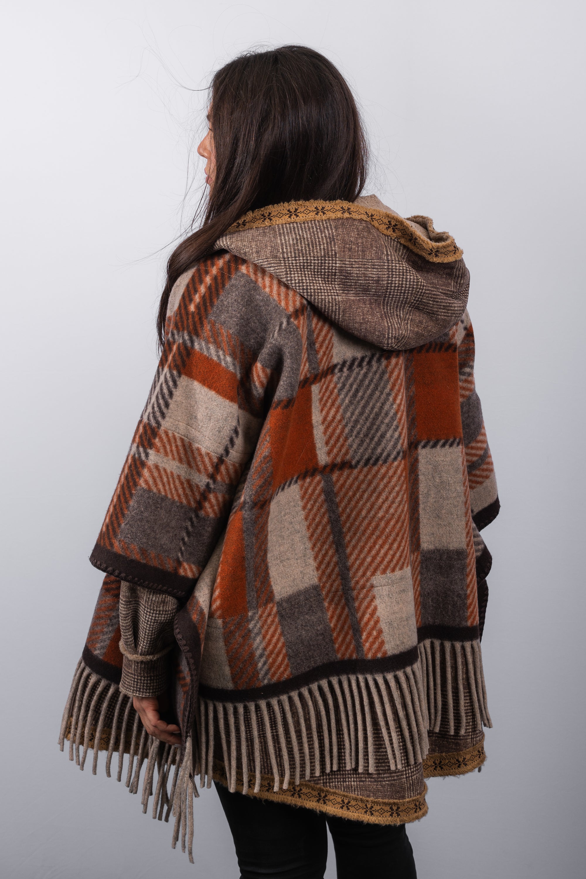 Autumn Multi Shearling Lamb/Wool/Poly Blend Poncho w/Hood