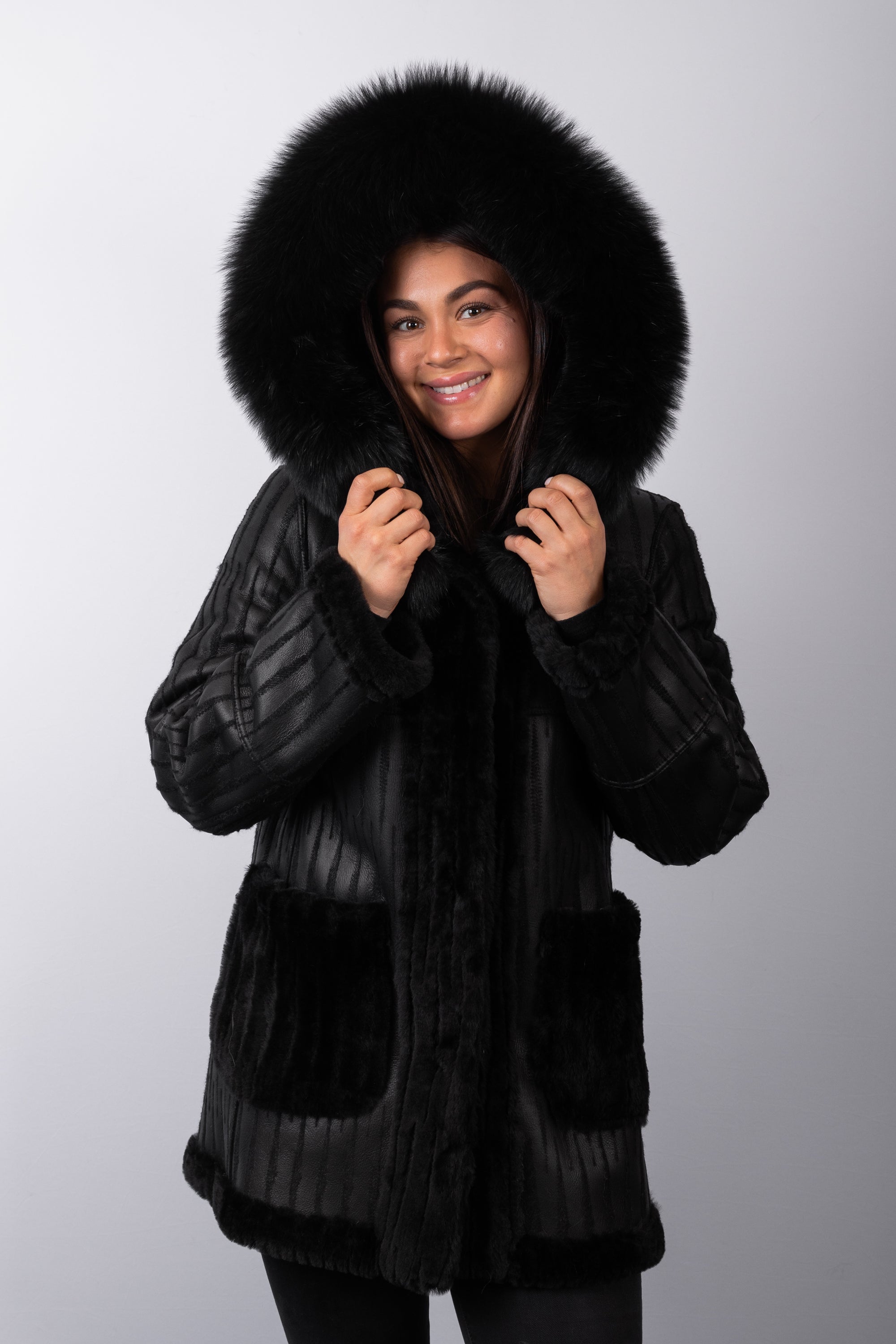 Black Onyx Shearling Lamb Jacket with Black Fox Fur Trim
