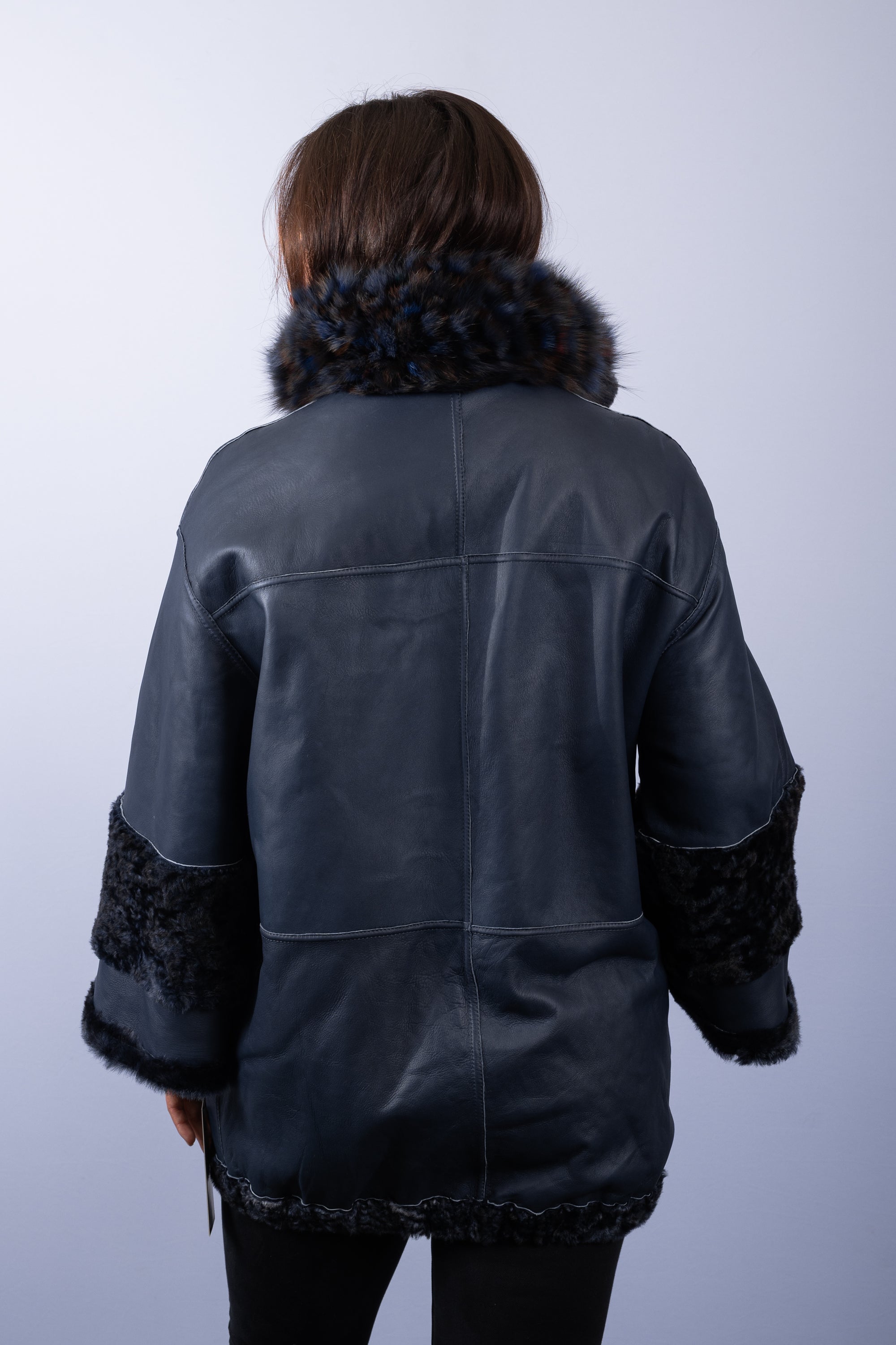 Navy Shearling Lamb Jacket with Multi Russian Sable Fur Trim