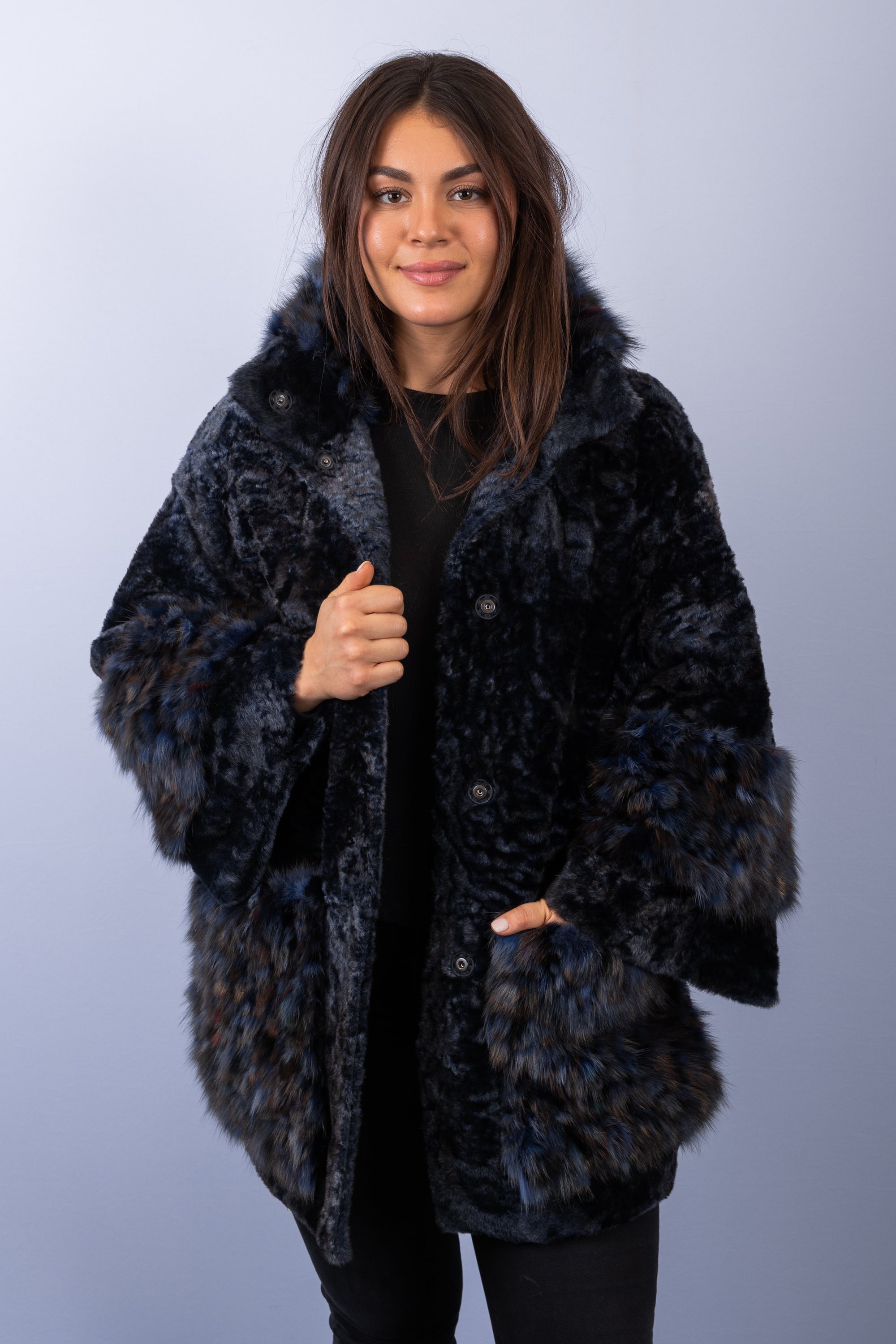 Navy Shearling Lamb Jacket with Multi Russian Sable Fur Trim