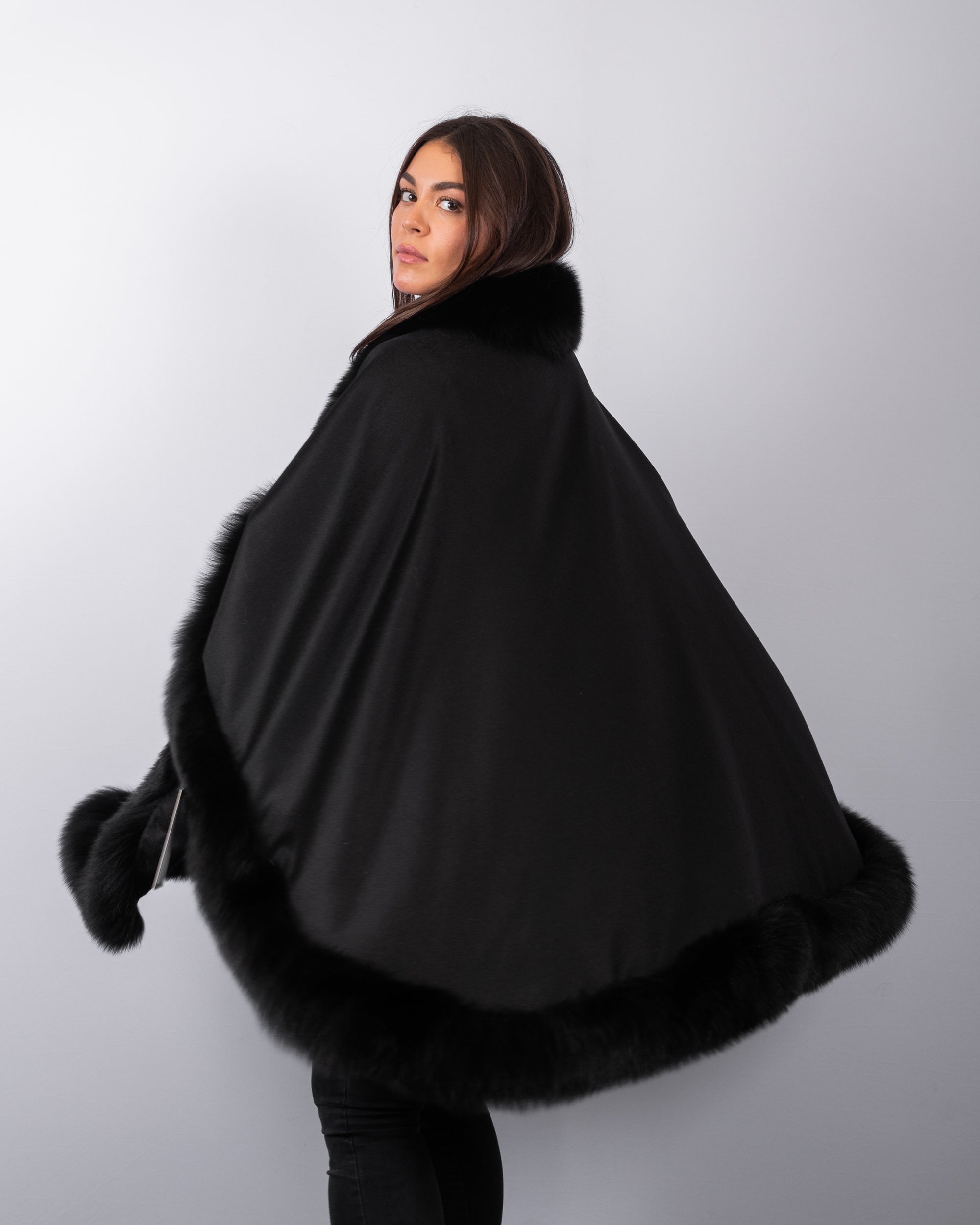 Black Cashmere Cape with Black Fox Fur Trim - Long