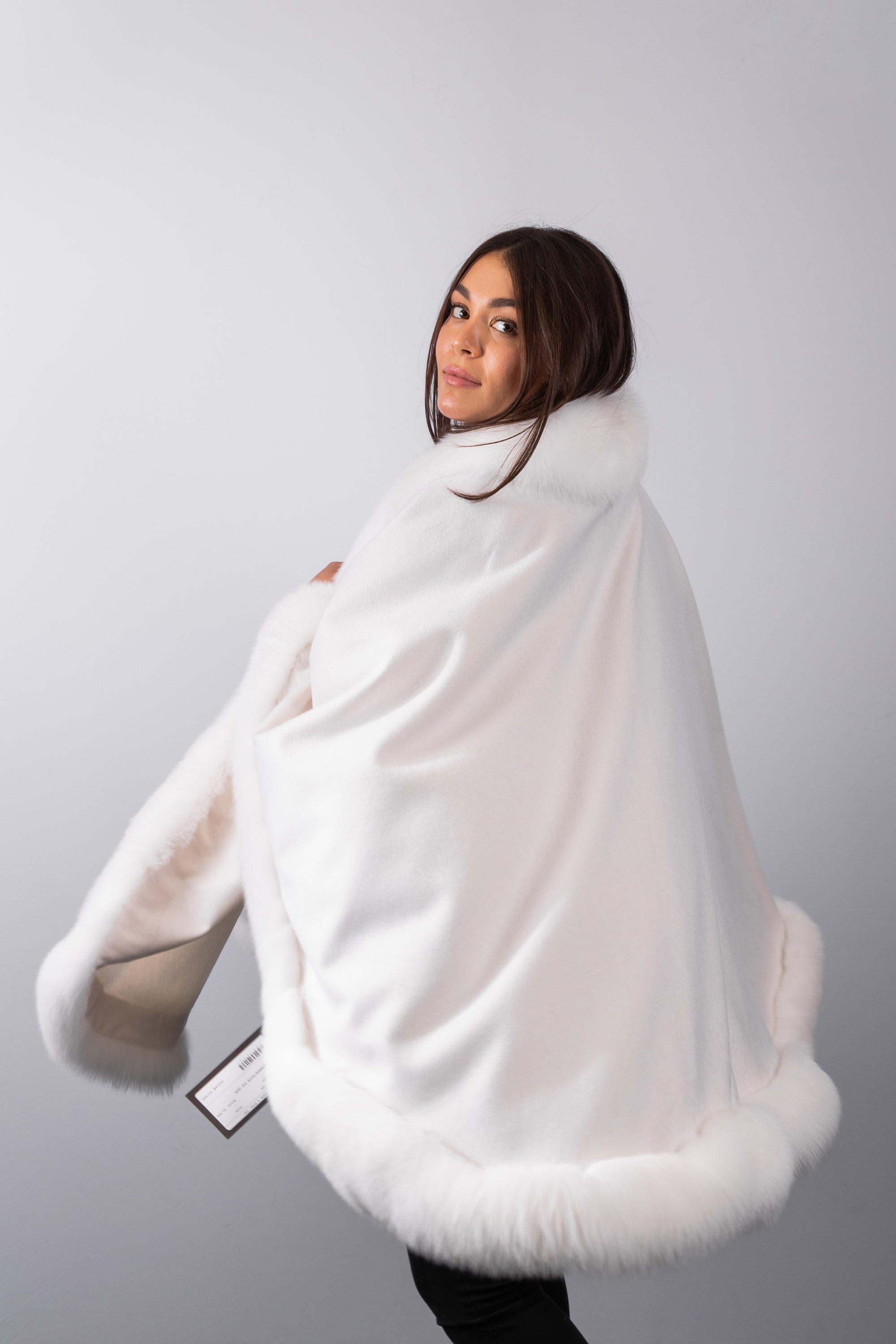 White Cashmere Cape with White Fox Fur Trim - Long