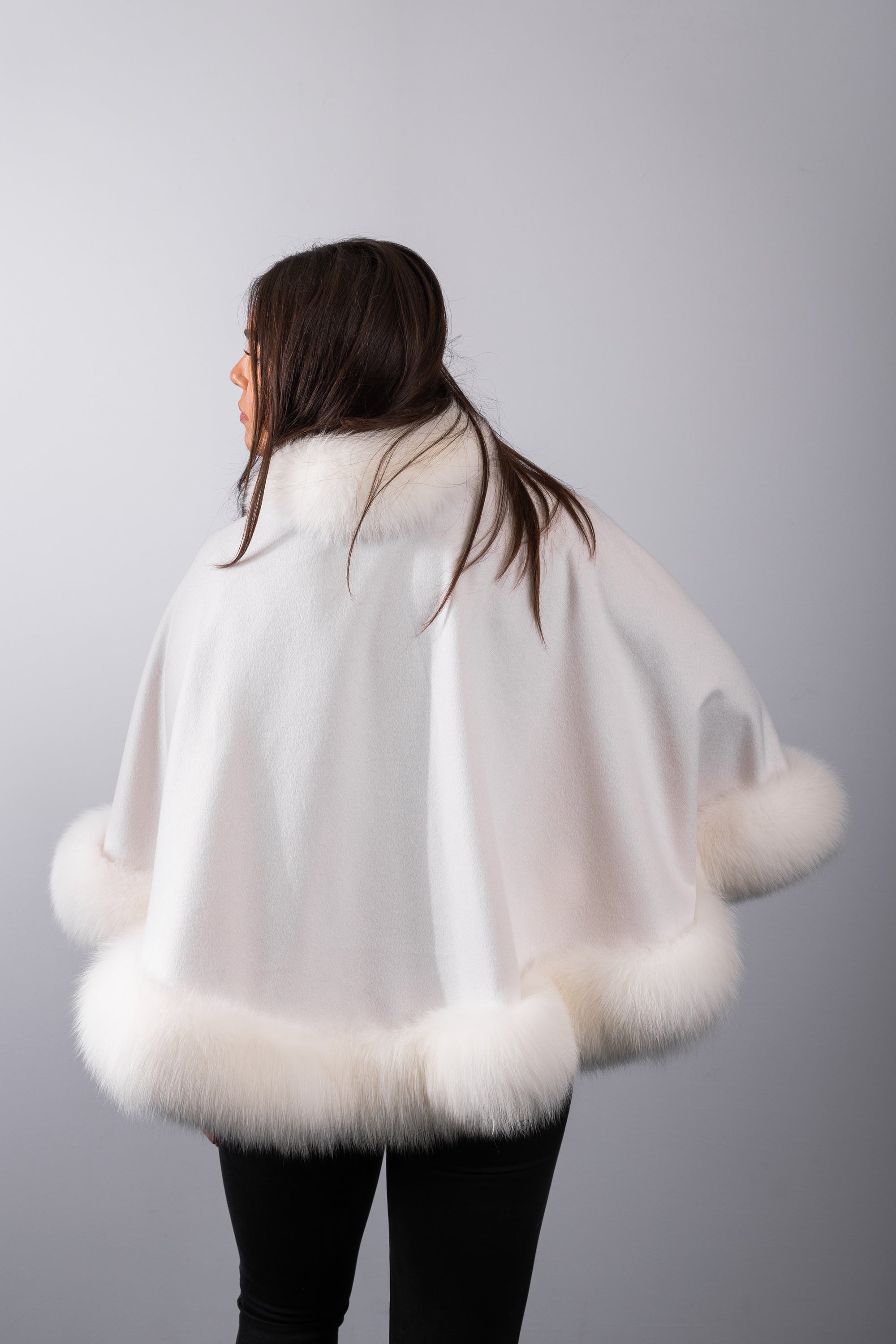 White Cashmere Cape with White Fox Fur Trim - Short