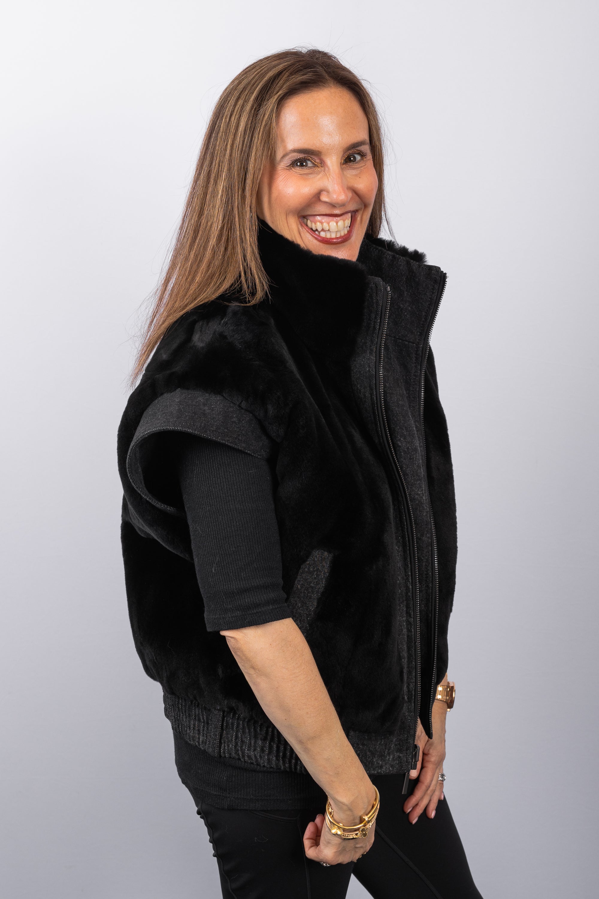 Black Plucked Mink/Stonewashed Denim Vest