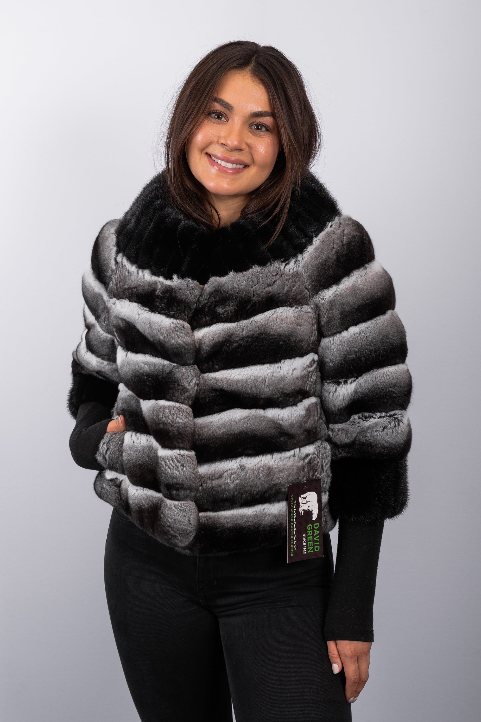 Natural Chinchilla Jacket with Black Mink Fur Trim - 3/4 Sleeve