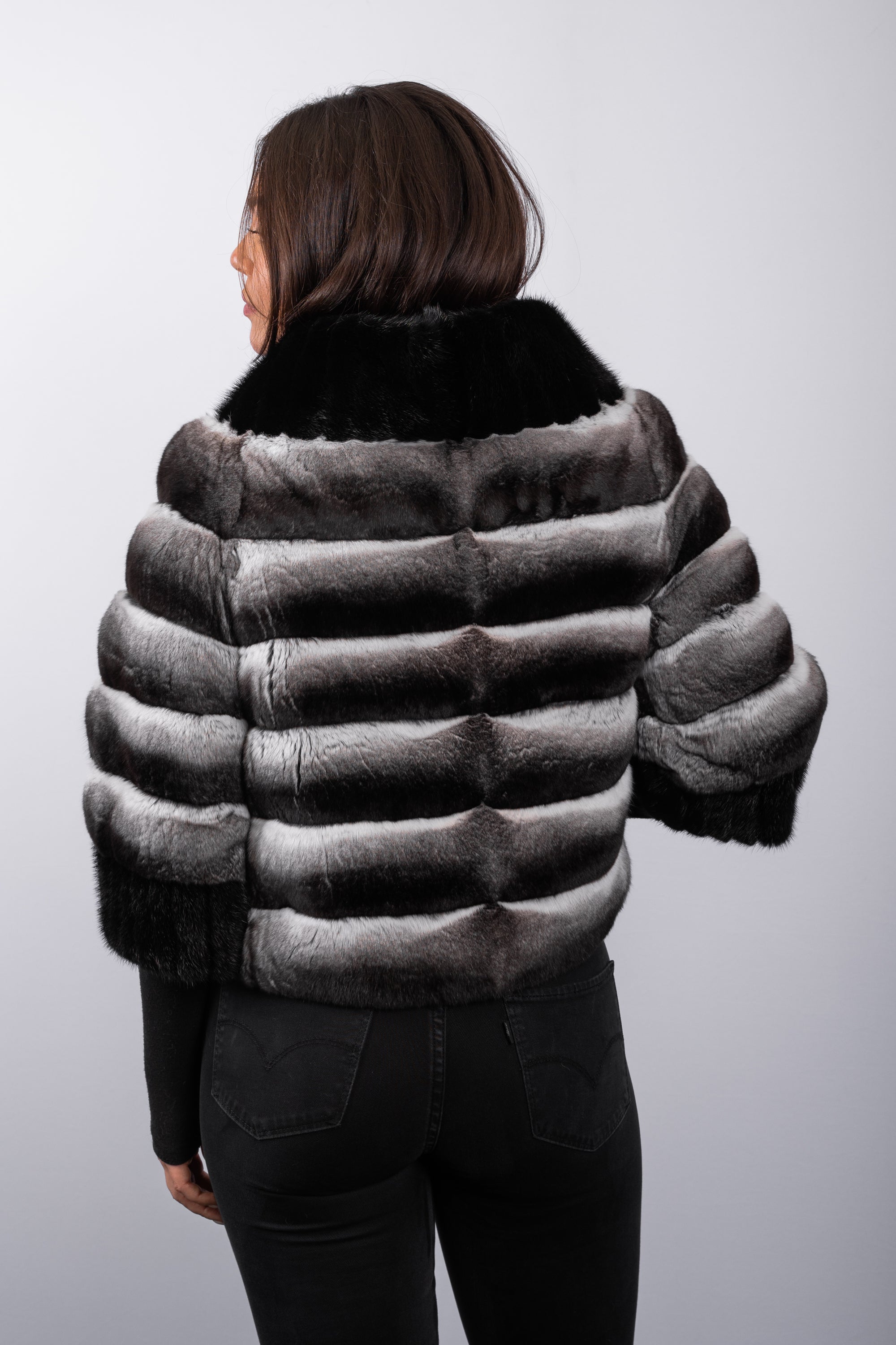 Natural Chinchilla Jacket with Black Mink Fur Trim - 3/4 Sleeve