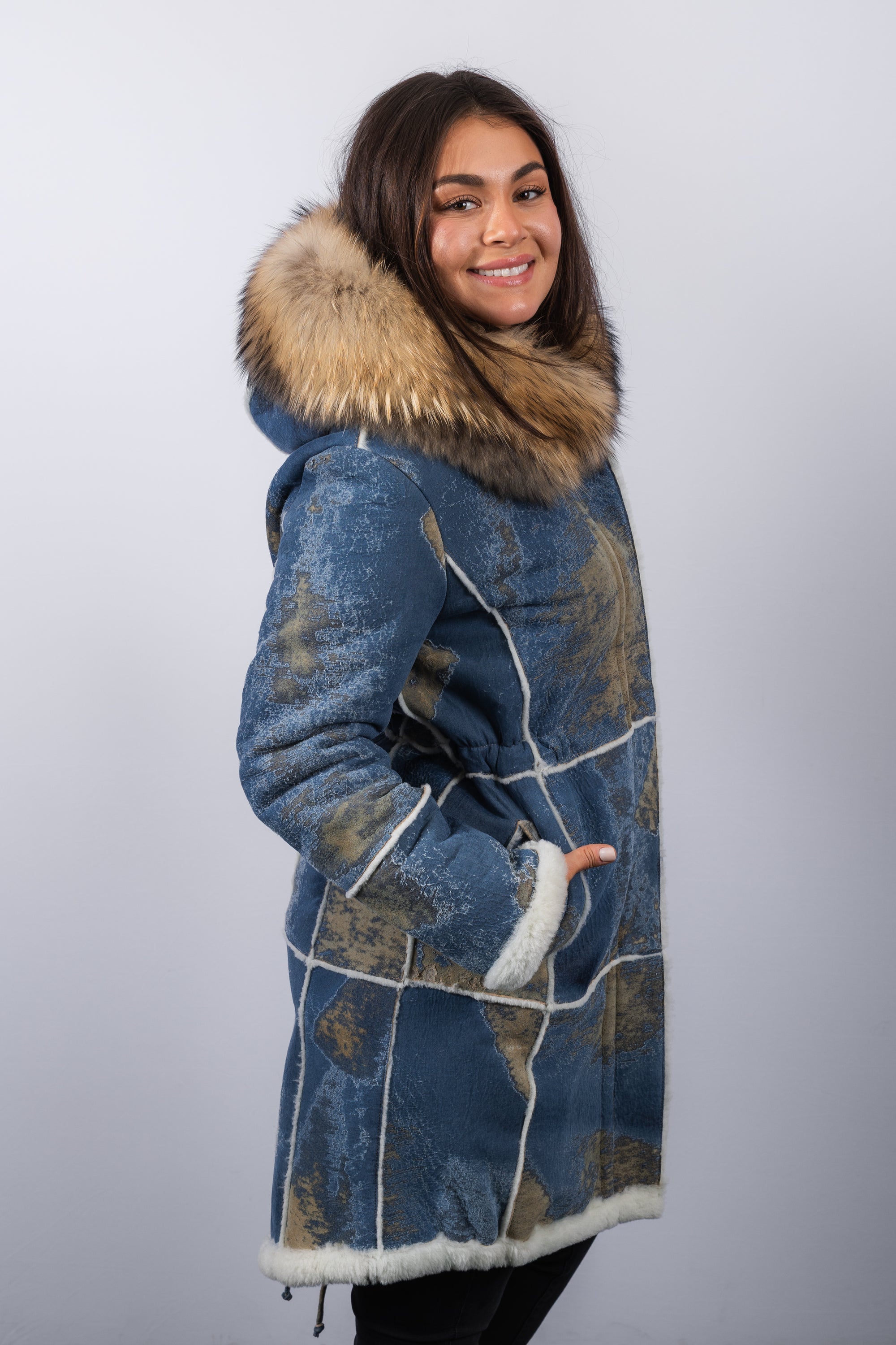 Distressed Denim Shearling Lamb/Natural Asiatic Raccoon Coat