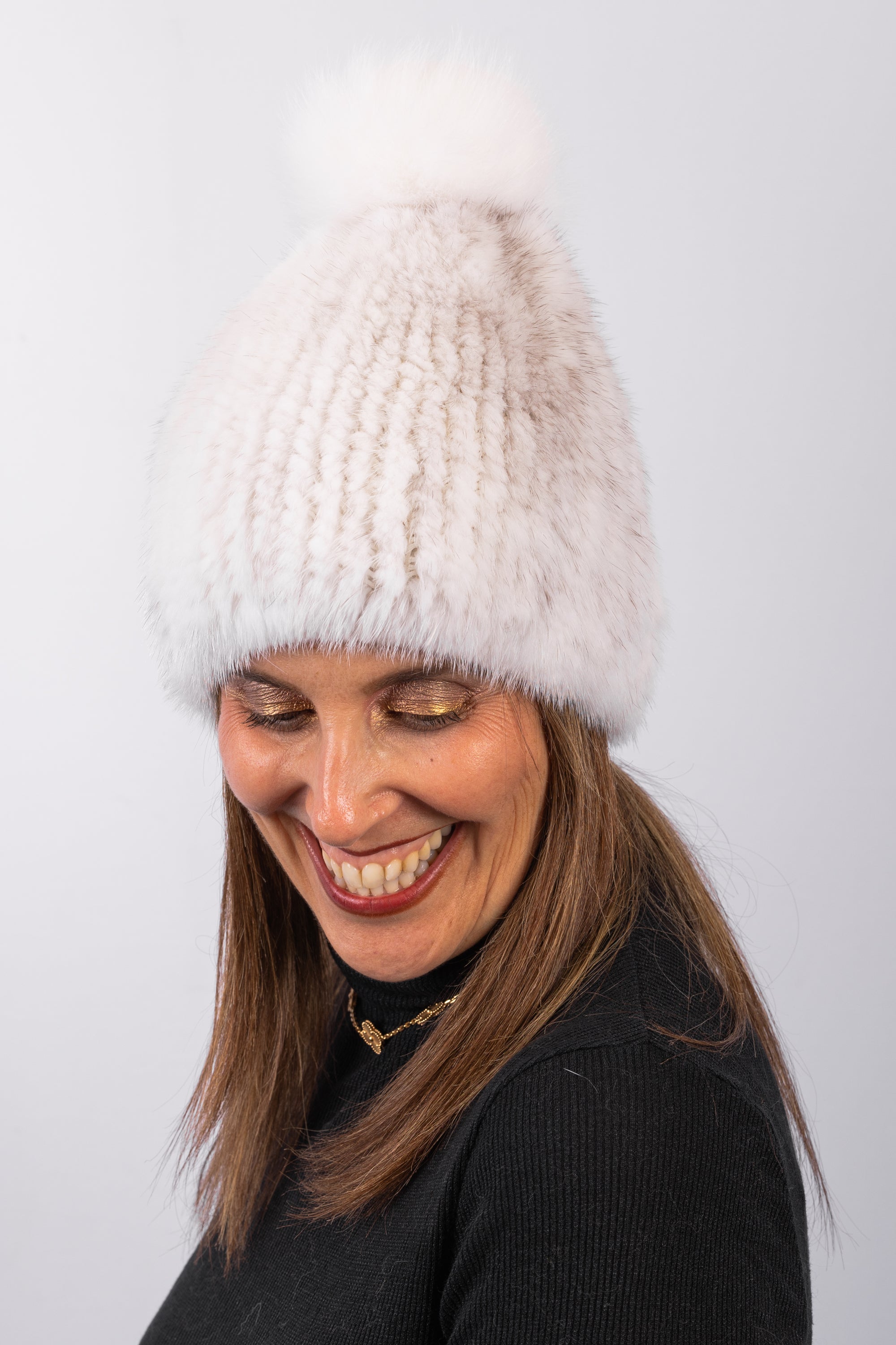 Natural White Cross Mink Hat with White Fox