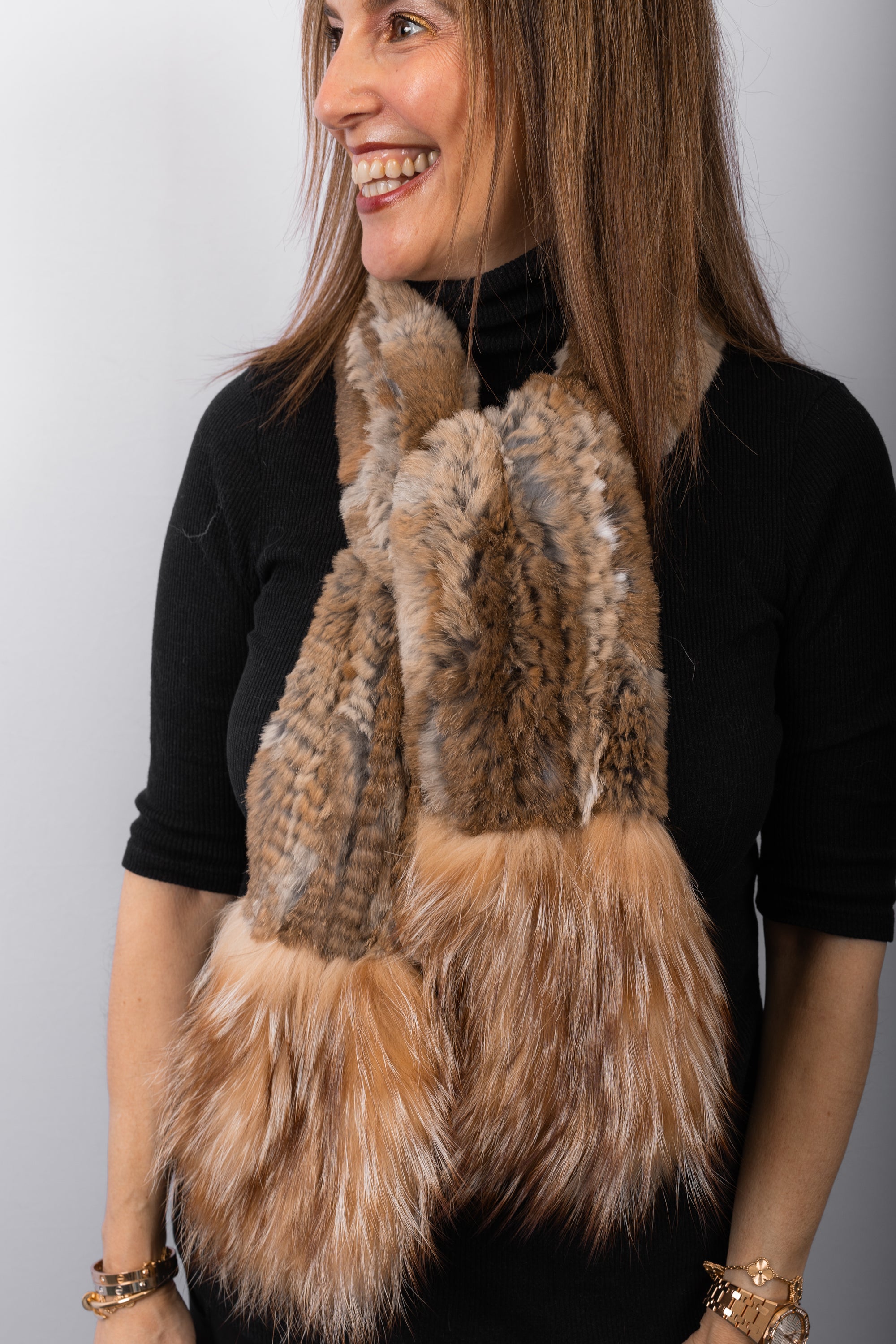 Natural Toffee Multi Hare Rabbit Scarf with Crystal Fox Fur Trim
