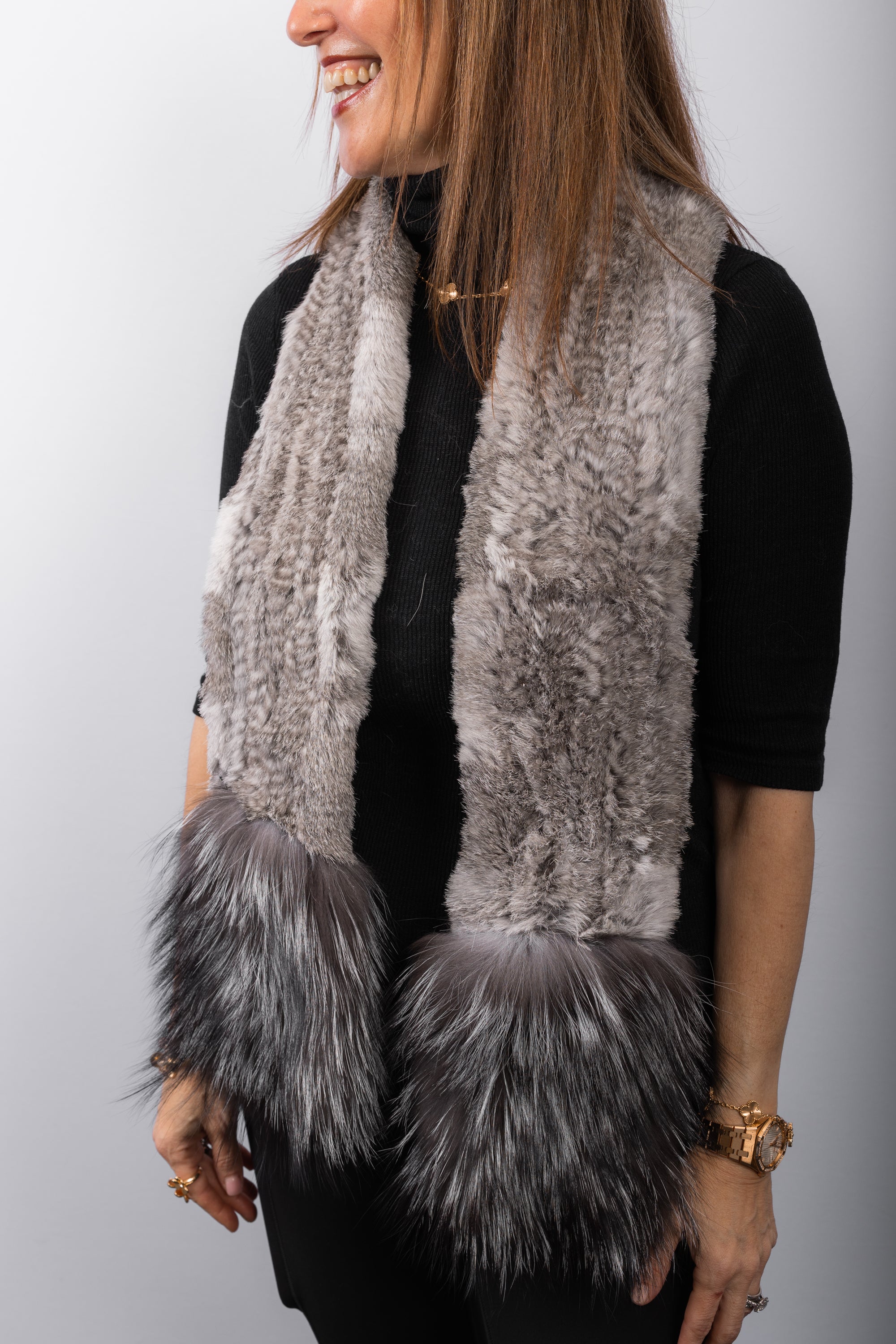 Natural Grey Multi Hare Rabbit Scarf with Silver Fox Fur Trim