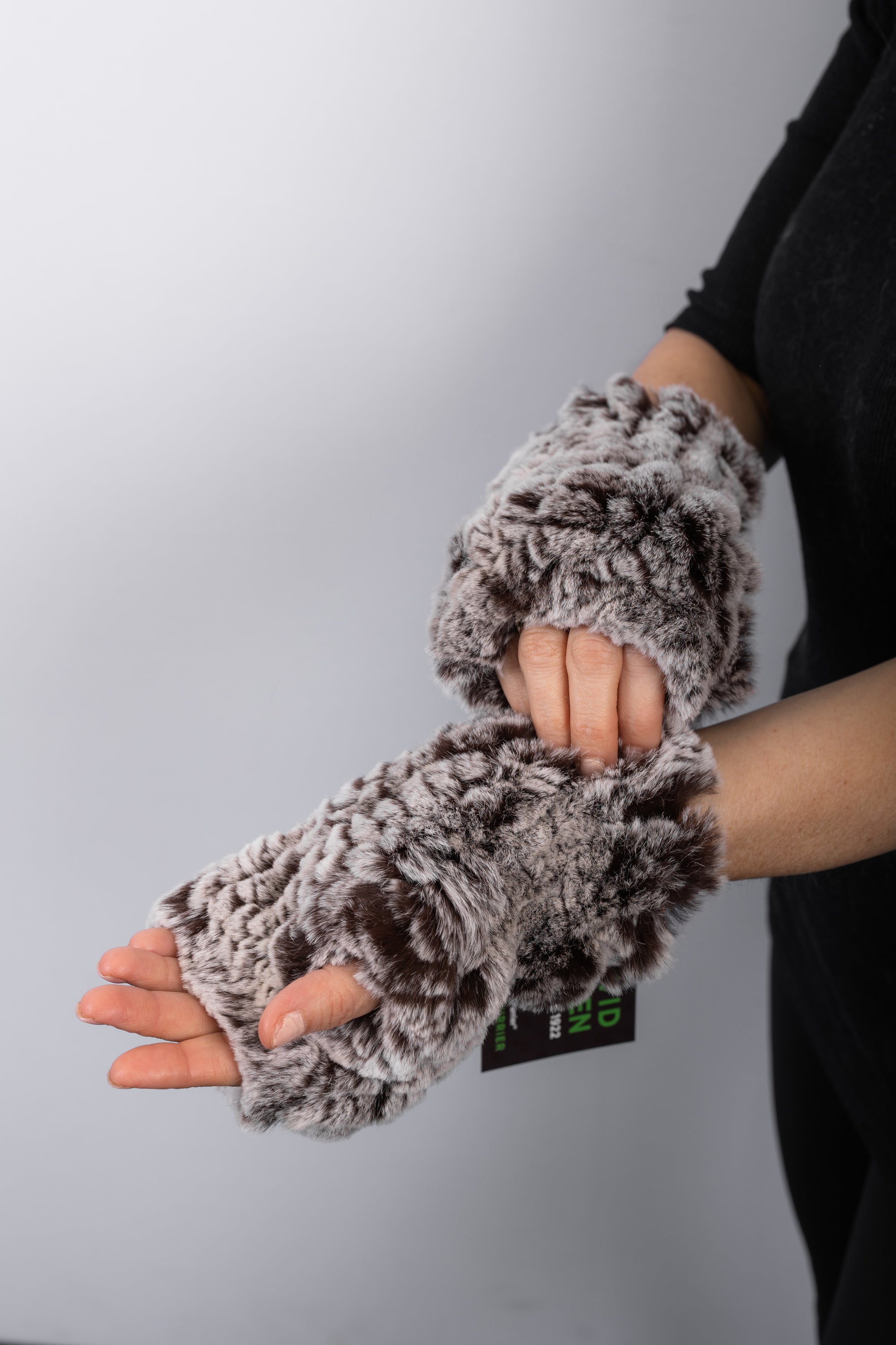 Mocha Snowtop Rex Rabbit Fingerless Gloves