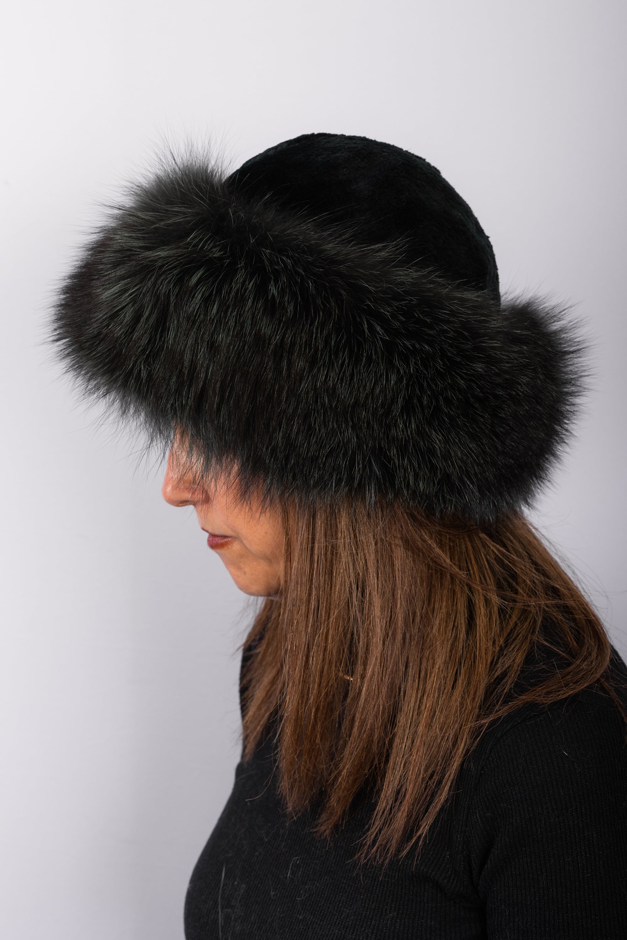 Emerald Green Sheared Beaver Hat with Emerald Indigo Fox Fur Trim