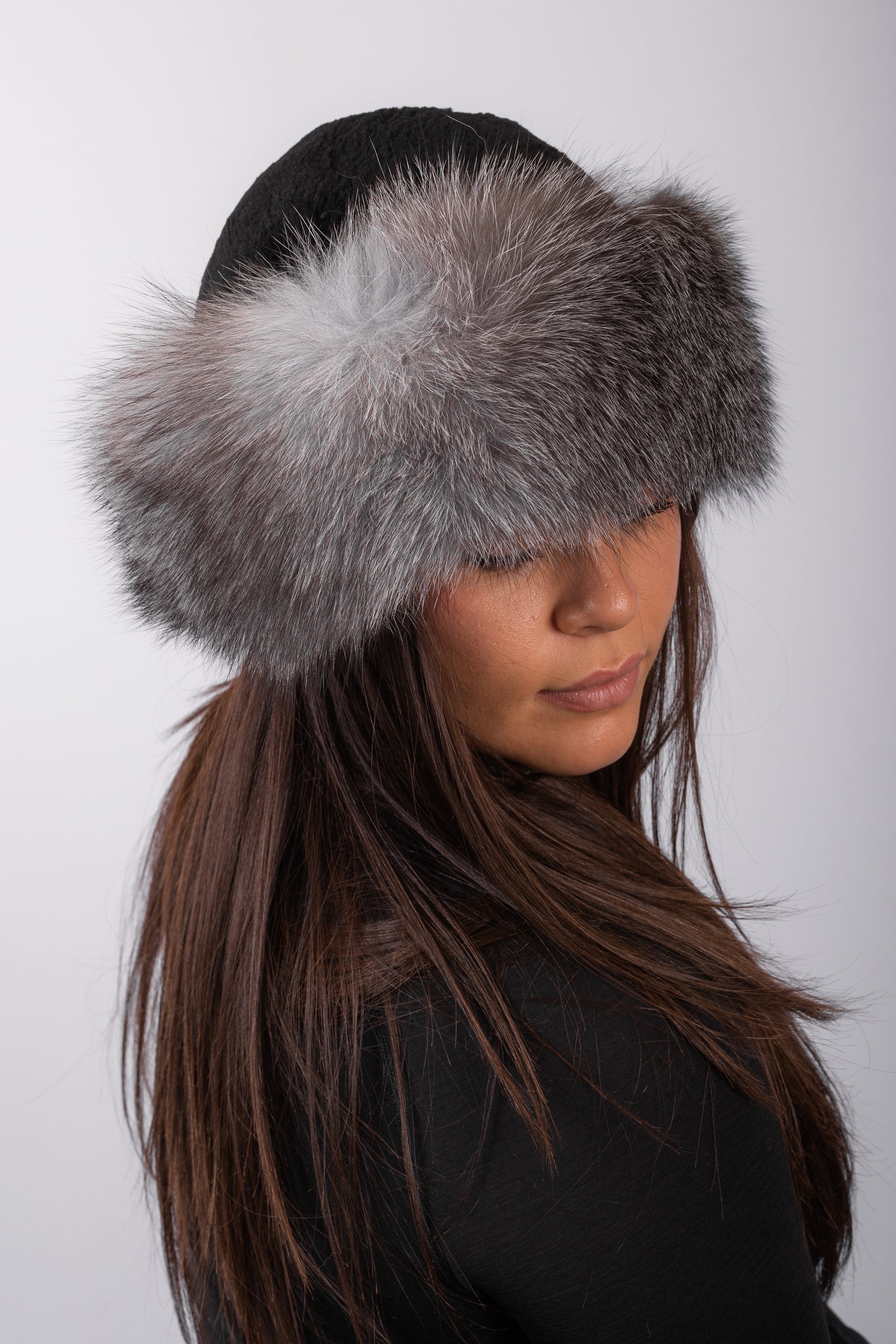 Black Sheared Beaver Hat with Indigo Fox Fur Trim