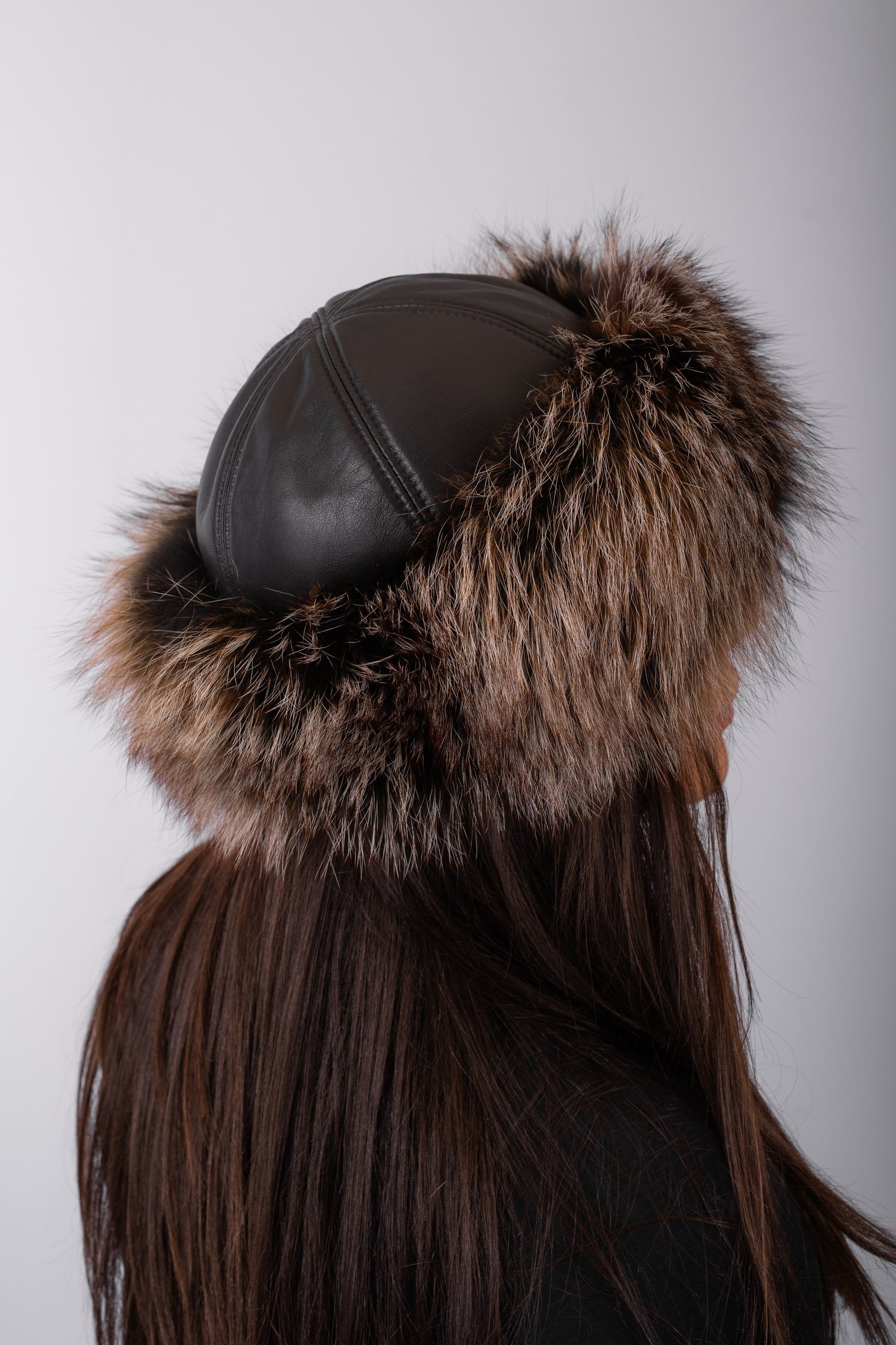 Fox Trim Espresso Lamb Leather Hat with Amber Frost Fox Fur Trim