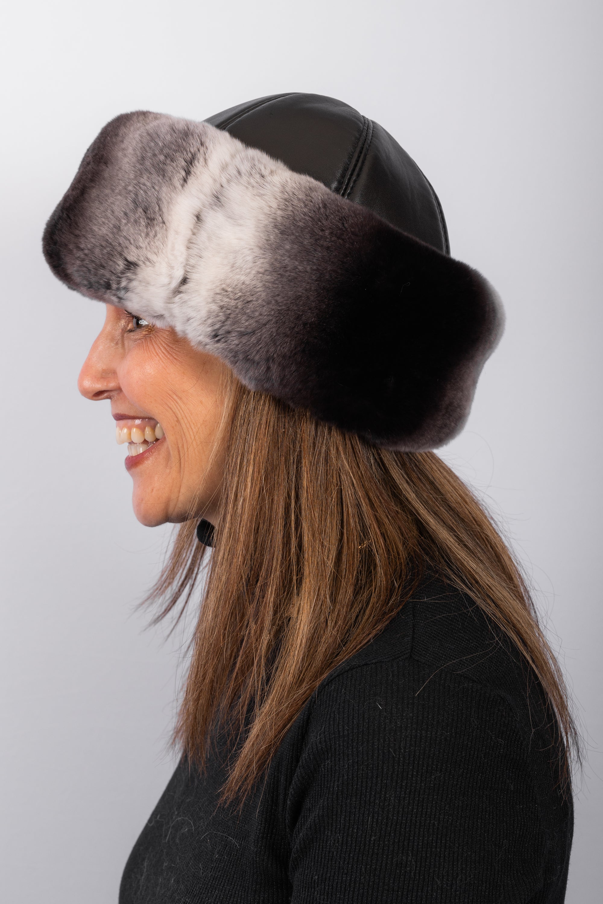 Black Lamb Leather Hat with Chinchilla Rex Rabbit Fur Trim