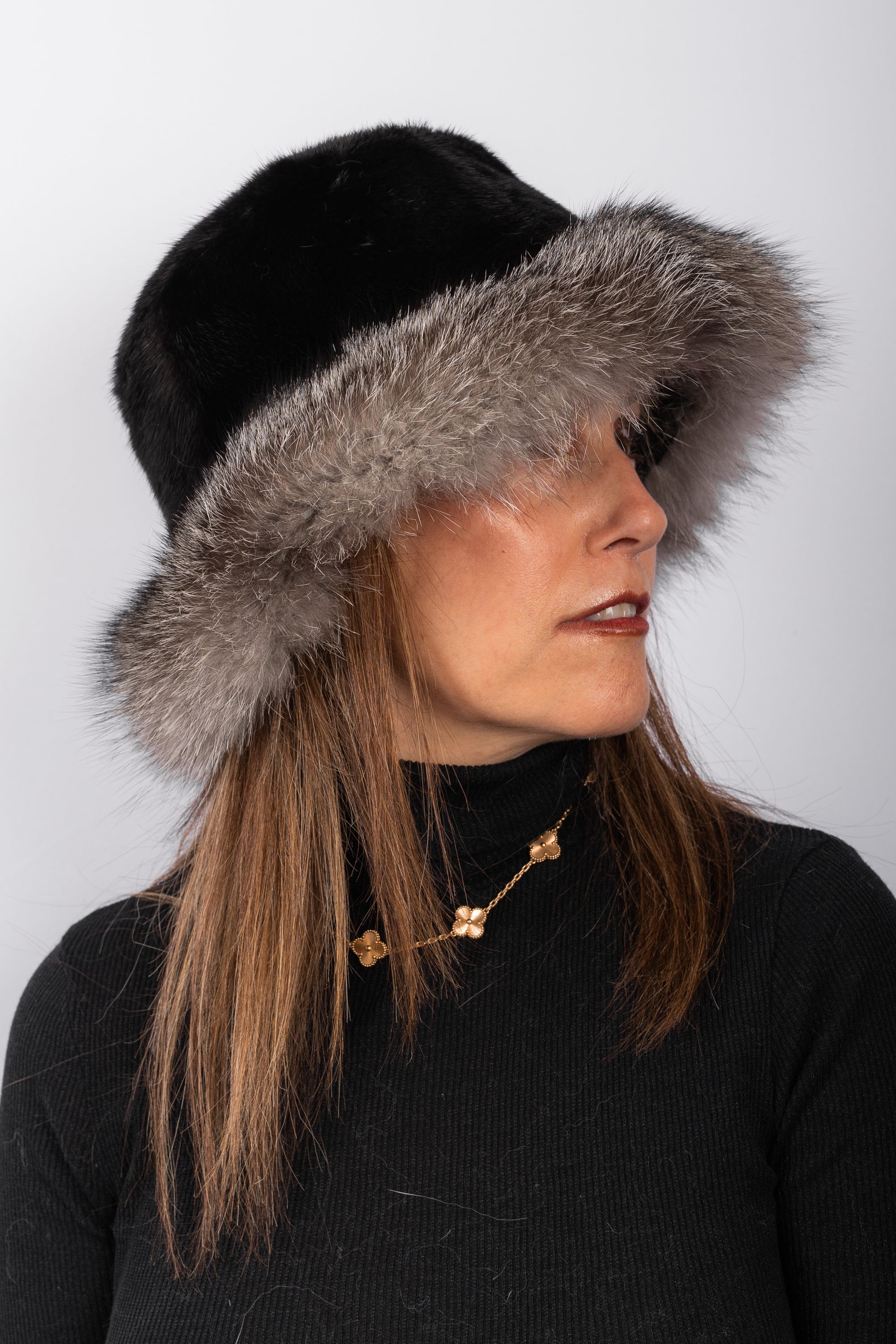 Black Mink Hat with Indigo Fox Fur Trim