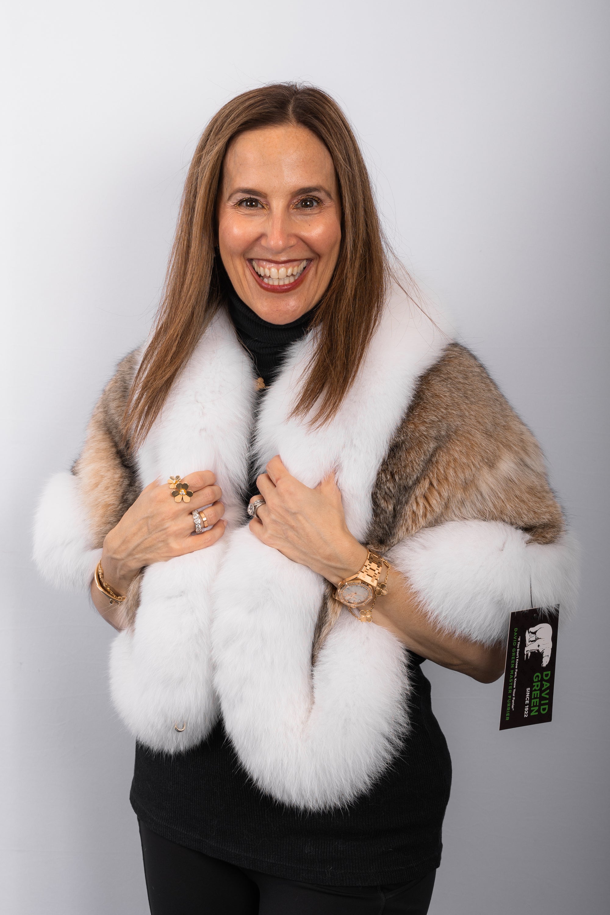 Natural Lynx Cat Wrap with White Fox Fur Trim